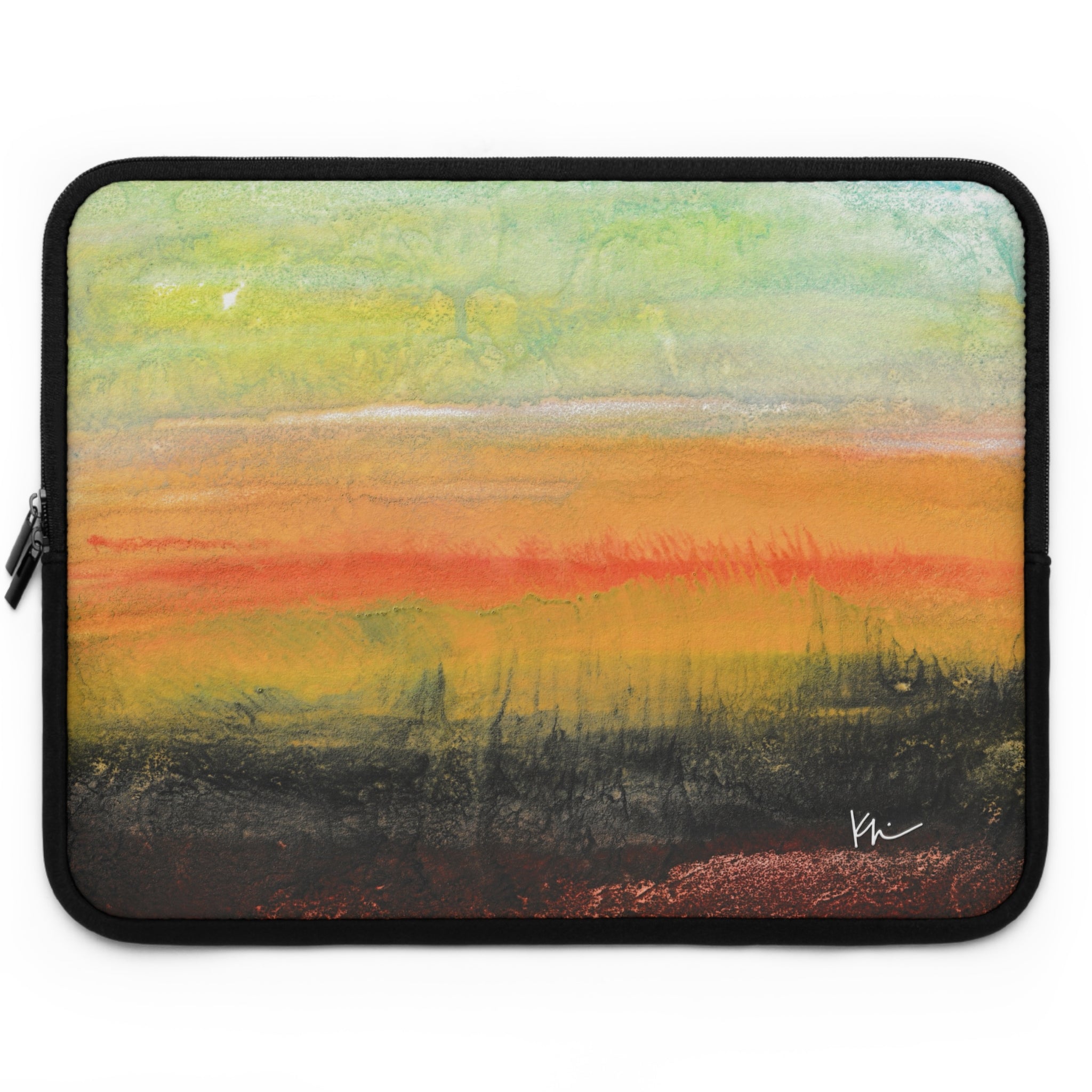 Laptop sleeve with landscape painting of a sunset with grasses