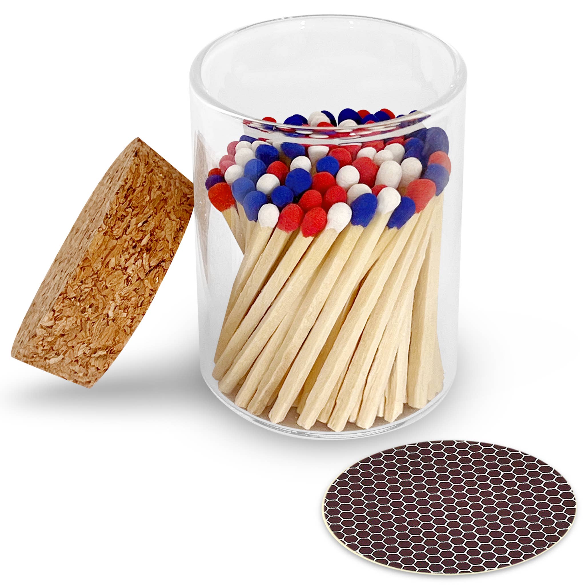 Clear glass matchbox with wooden lid, matches, and a coaster on a white background