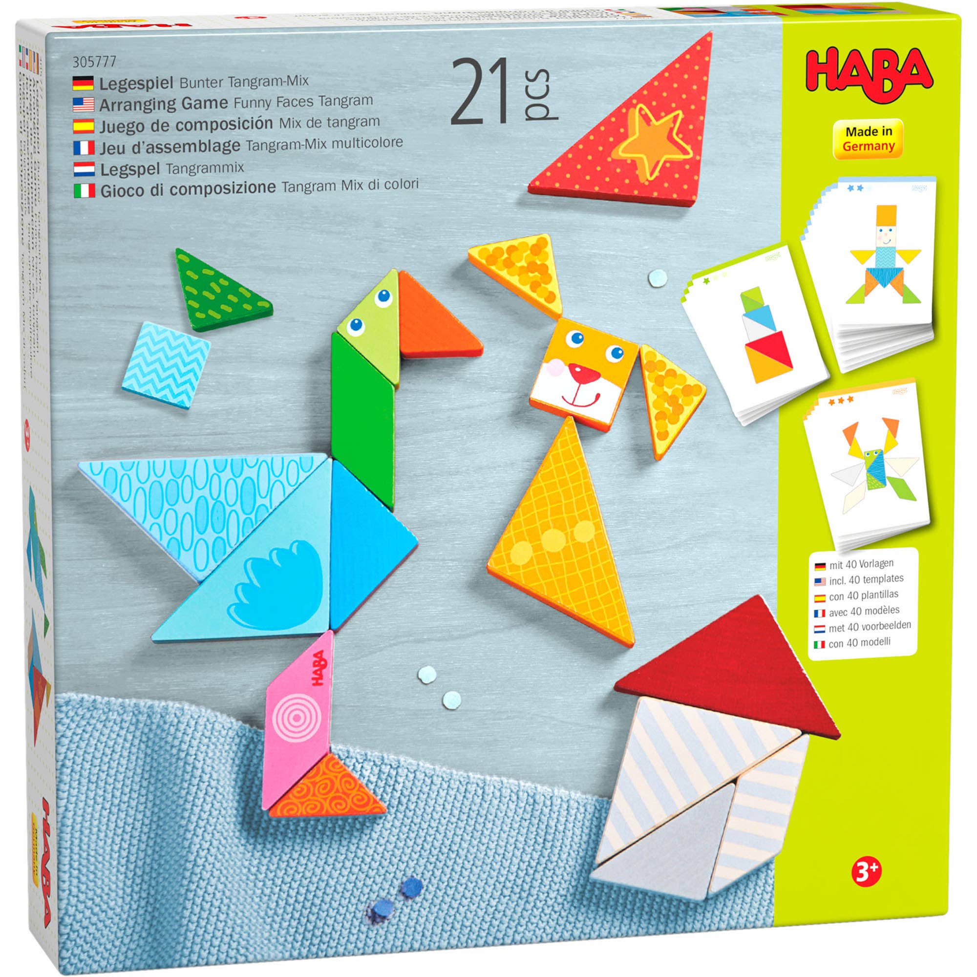 HABA Tangram Game packaging with colorful tangram pieces and cards on a blue background