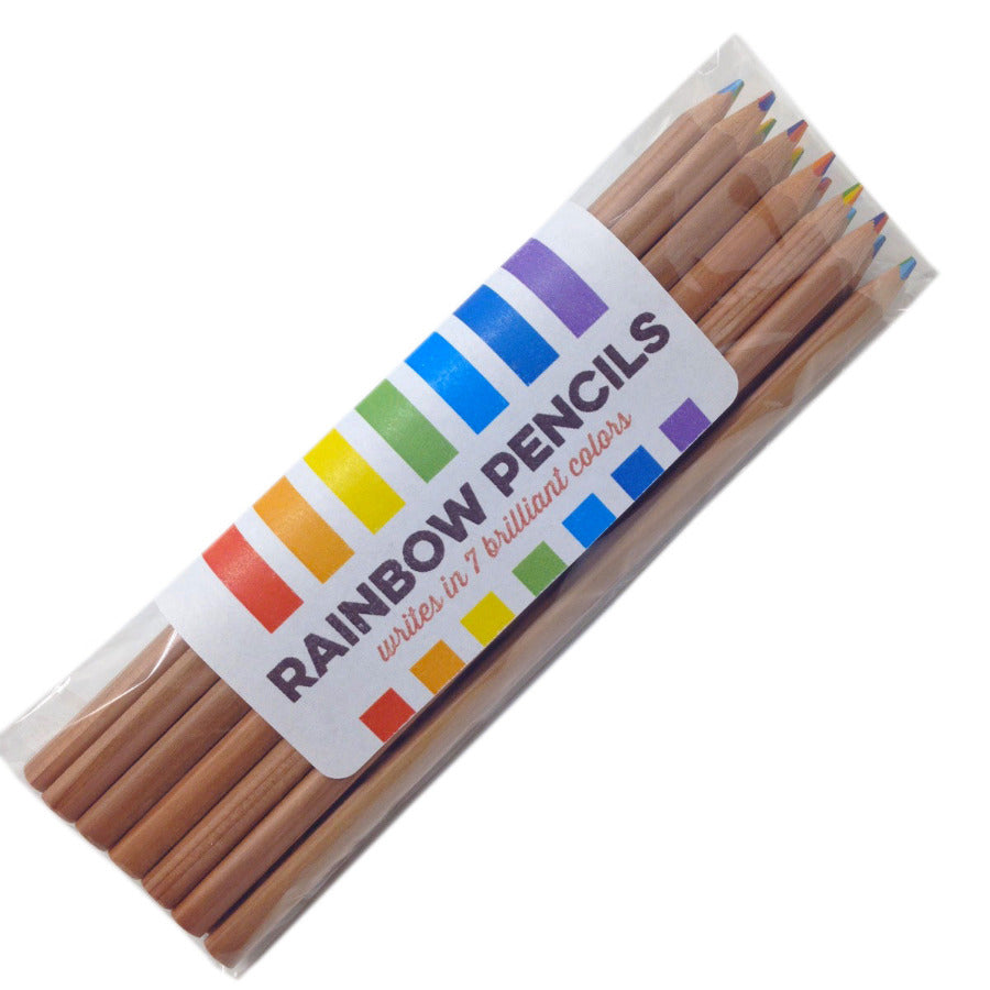 A collection of triangular rainbow core pencils displaying a variety of colors at the tips.