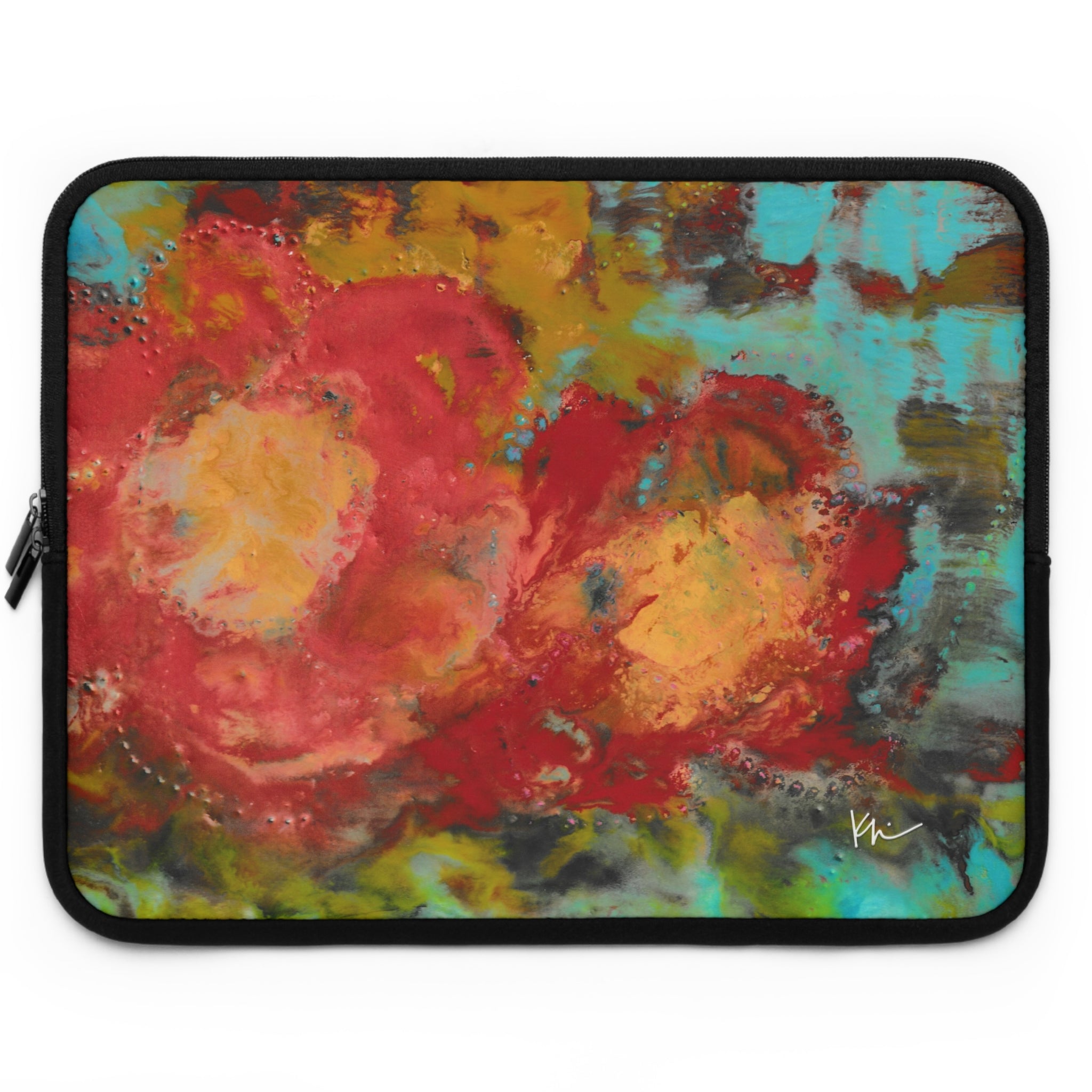 A laptop sleeve with a turquoise and red abstract floral pattern.
