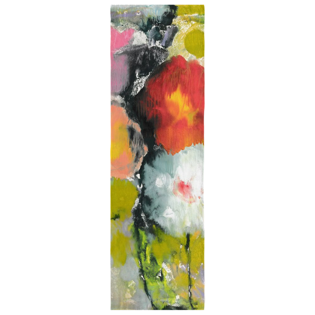 Floral painting reproduced on a long scarf on a white background