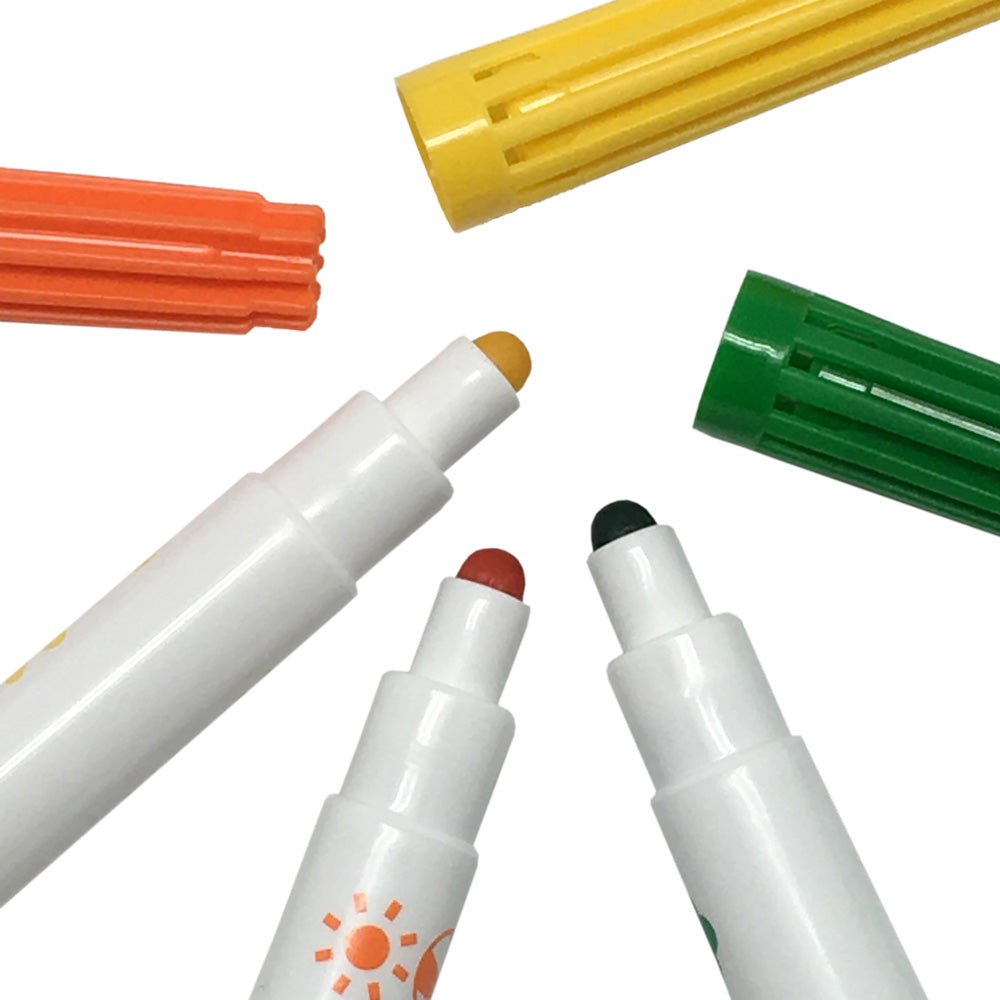 Baby markers in various colors with ventilated safety lids, some with caps removed. The markers are designed for washable and safe use by children.