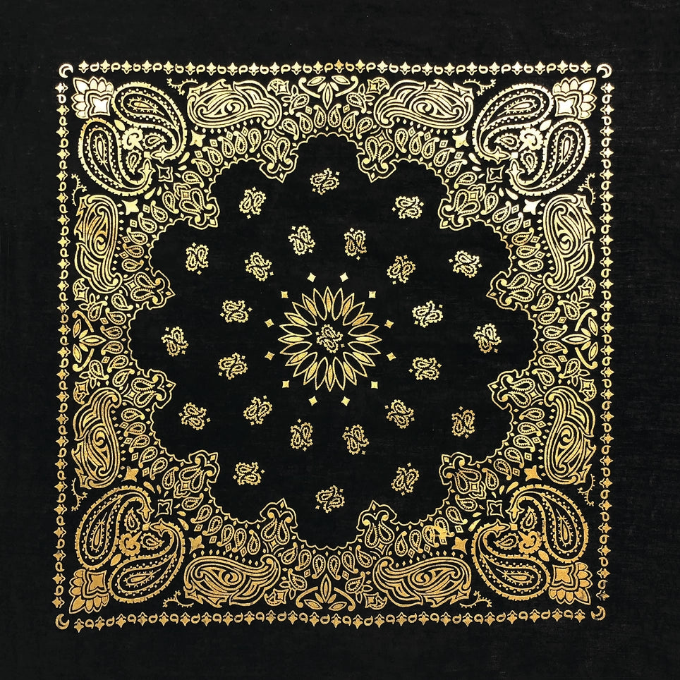 Black cotton bandana with gold paisley patterns on a black background