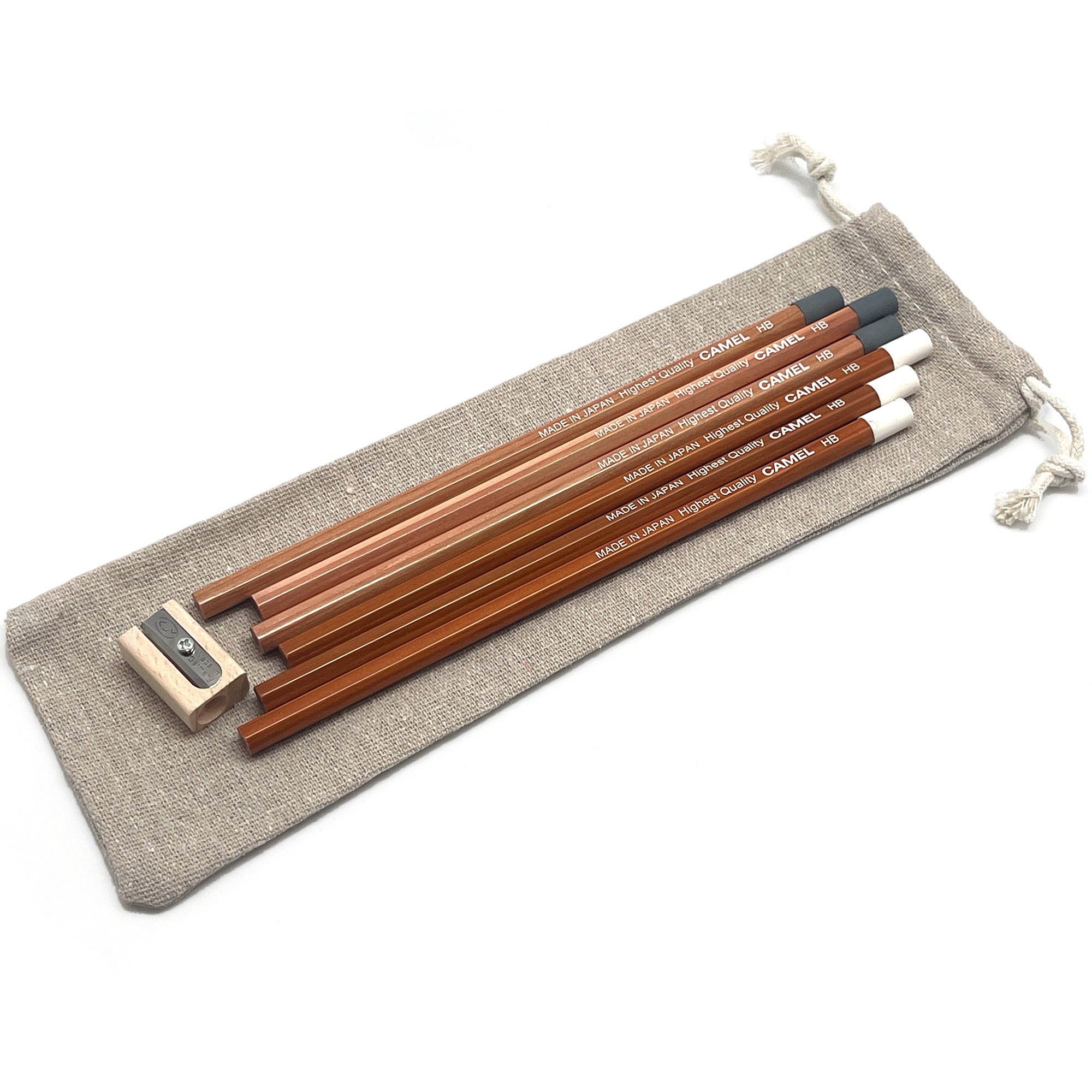 Set of 6 Camel HB Graphite pencils with a sharpener on a textured pouch against a white background