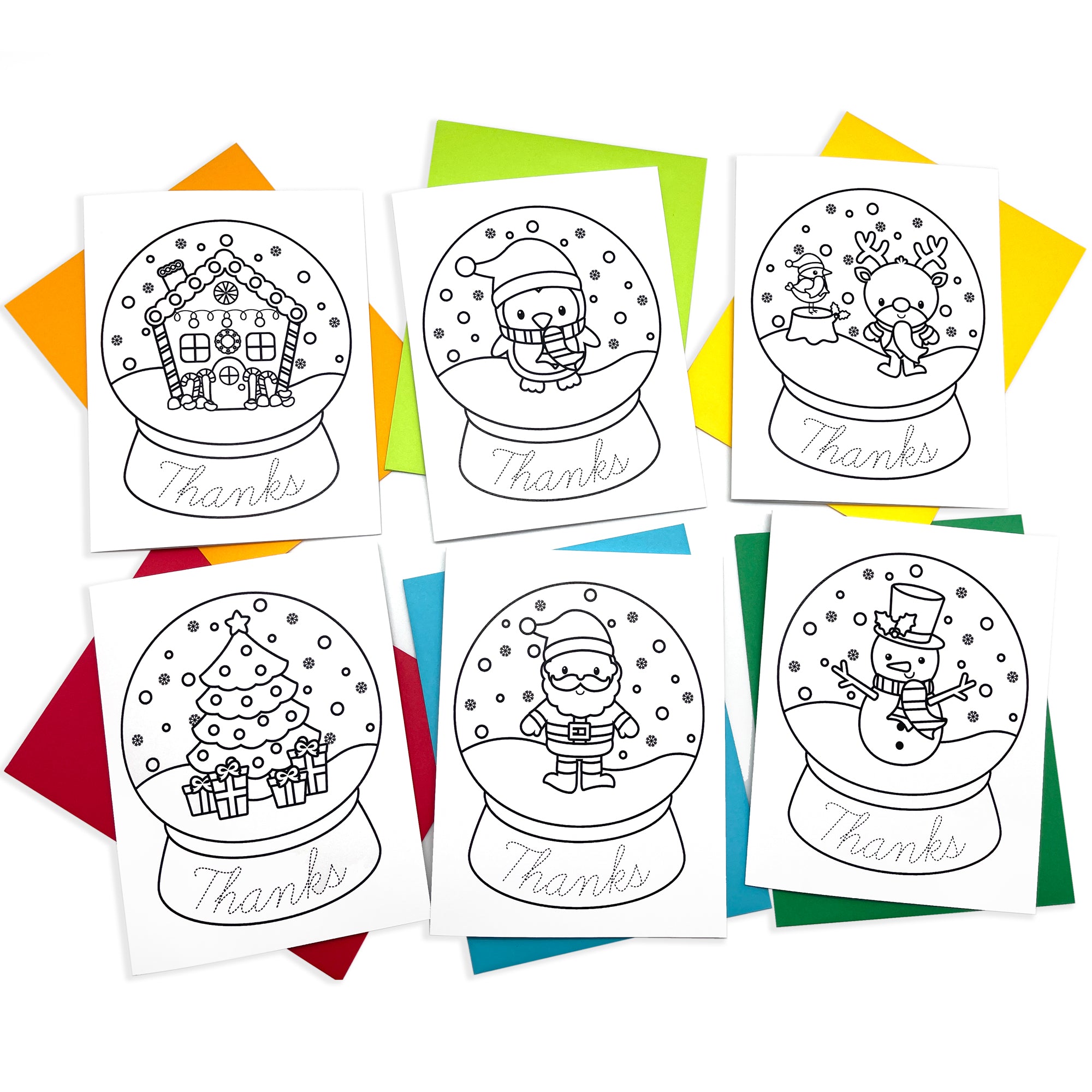 Thank you Coloring cards Christmas snow globes to color and trace the cursive letters 'thanks'
