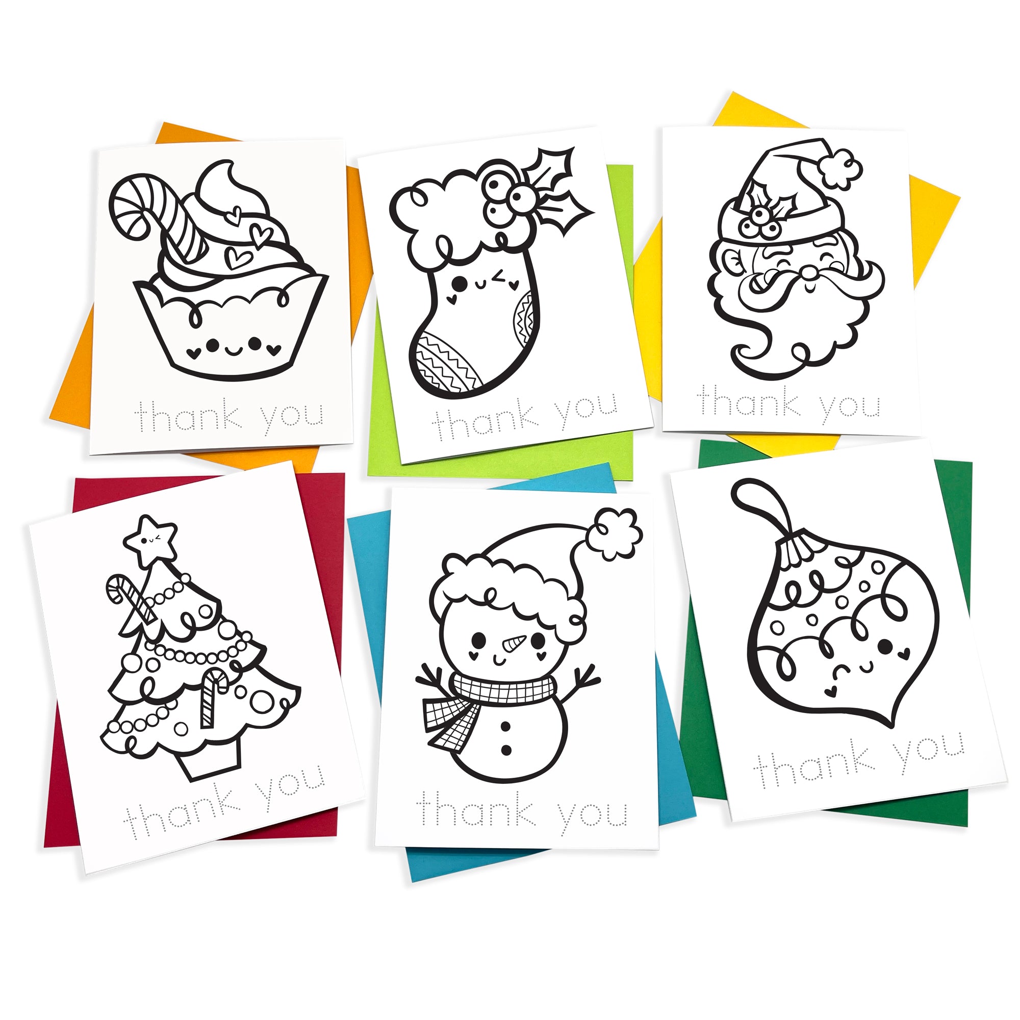 Set of 5 coloring cards Christmas thank you notes with Kawaii illustrations such as a snowman, a Christmas tree, stocking accompanied by 'thank you' text to trace