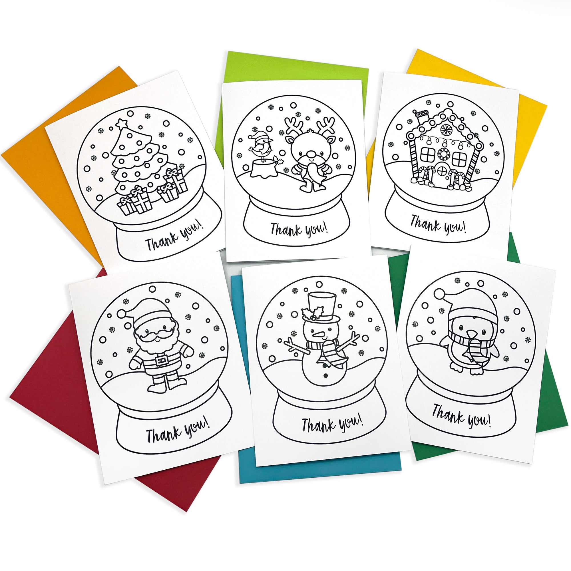 A set of six coloring thank you notes with Christmas snow globe illustrations, each with a blank interior for a personal message.