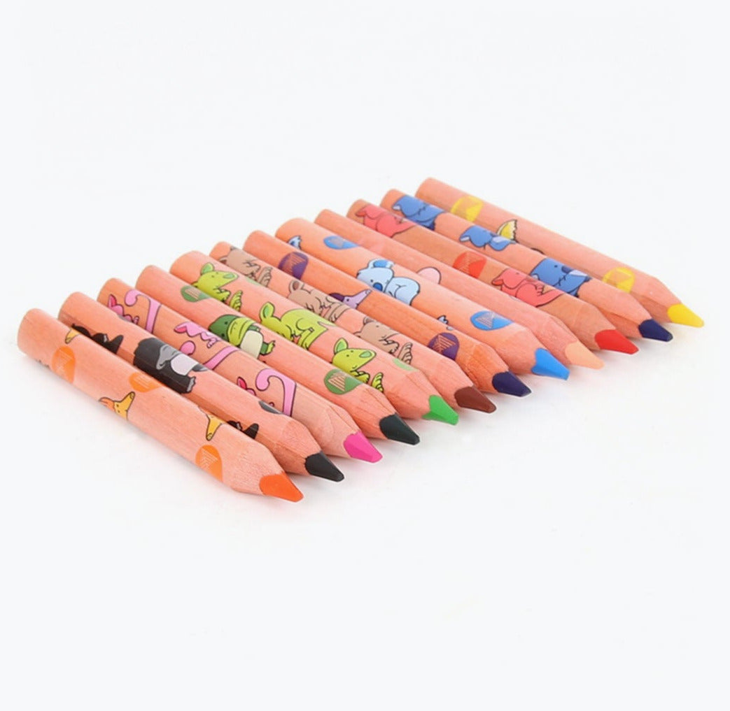 A set of 12 chunky colored pencils with triangle-shaped tips, each featuring an illustration of an Australian animal on the side.