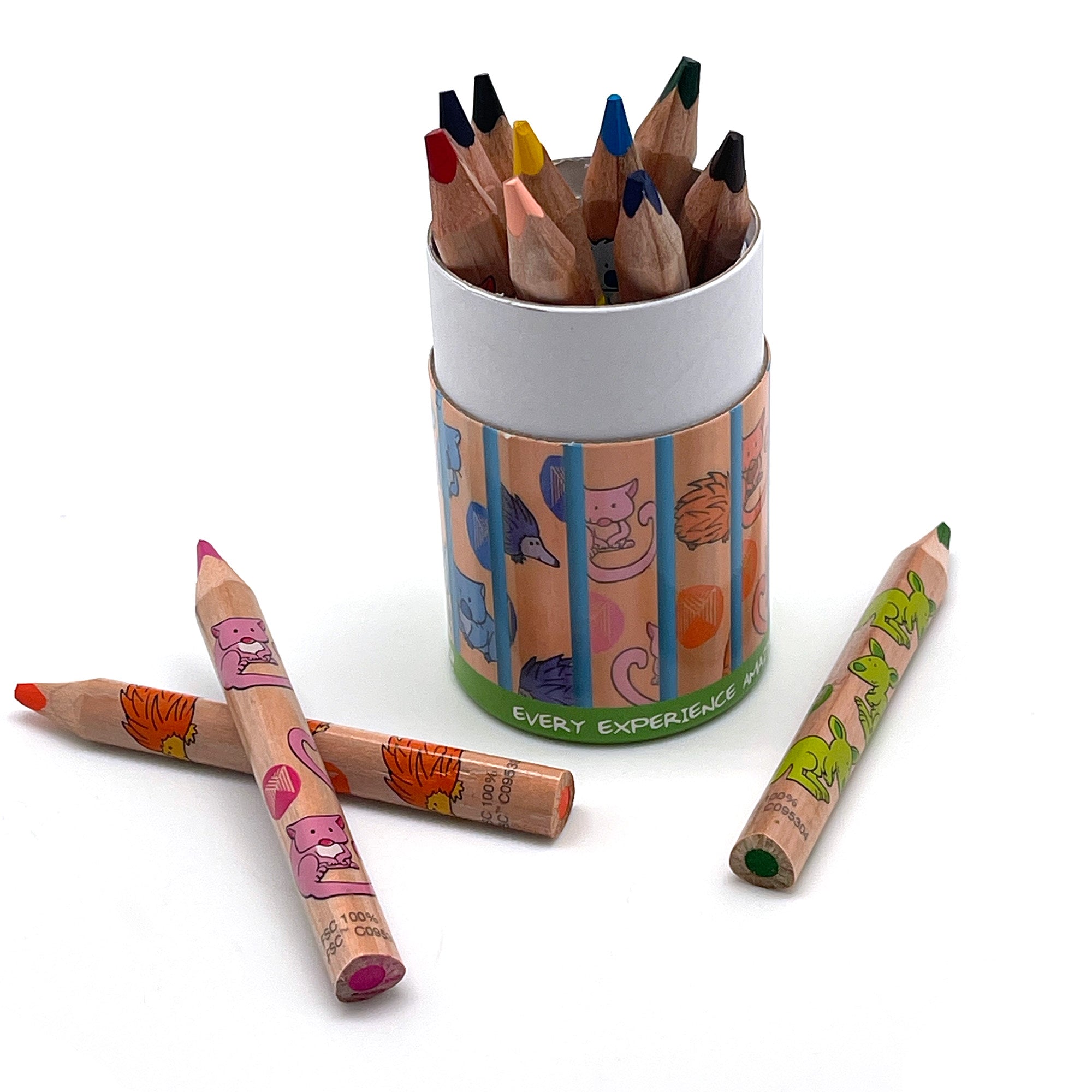 A set of chunky colored pencils with Australian animals designs on them, displayed alongside and within a cylindrical container with colorful patterns.