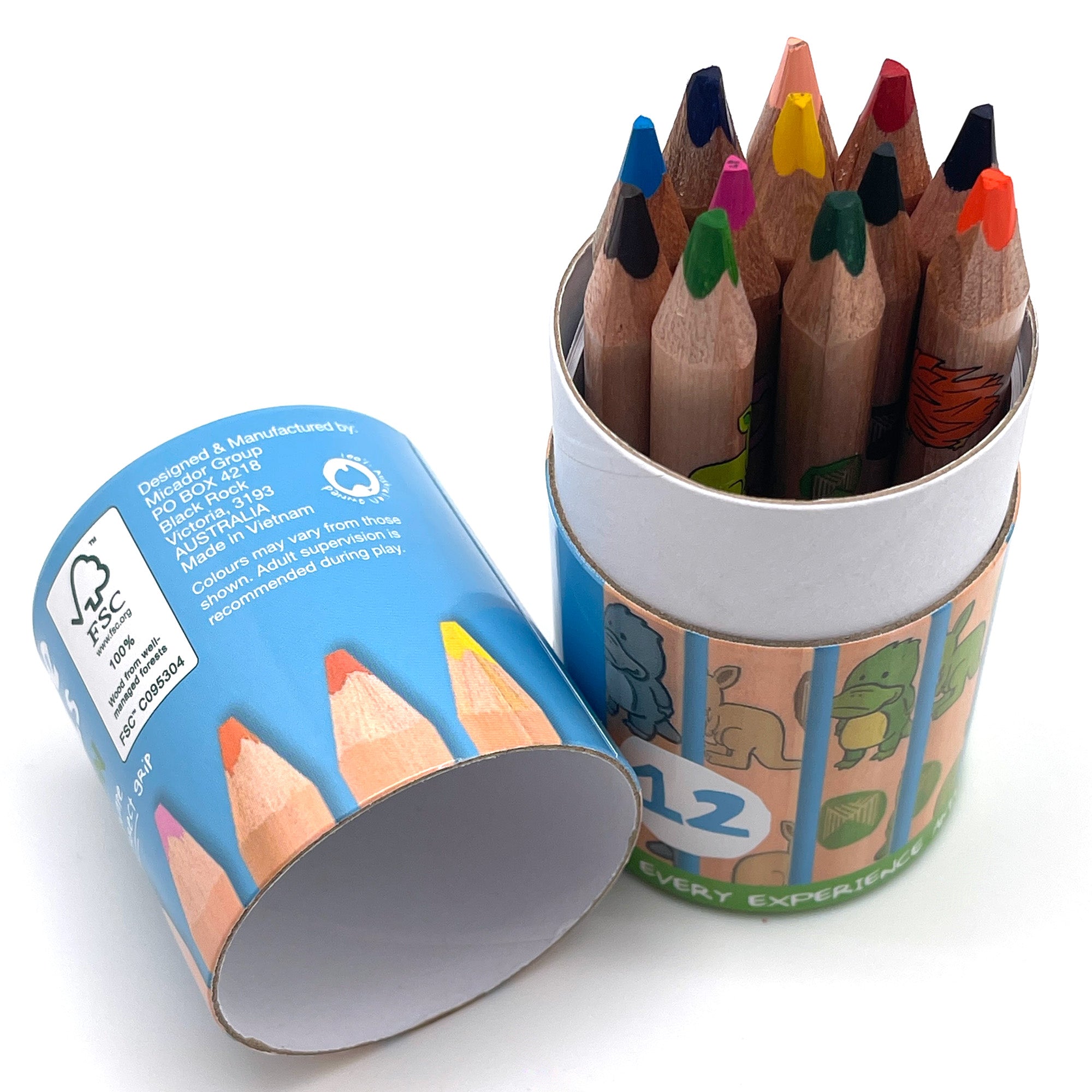 Set of colored pencils in a tin with a colorful label on a white background