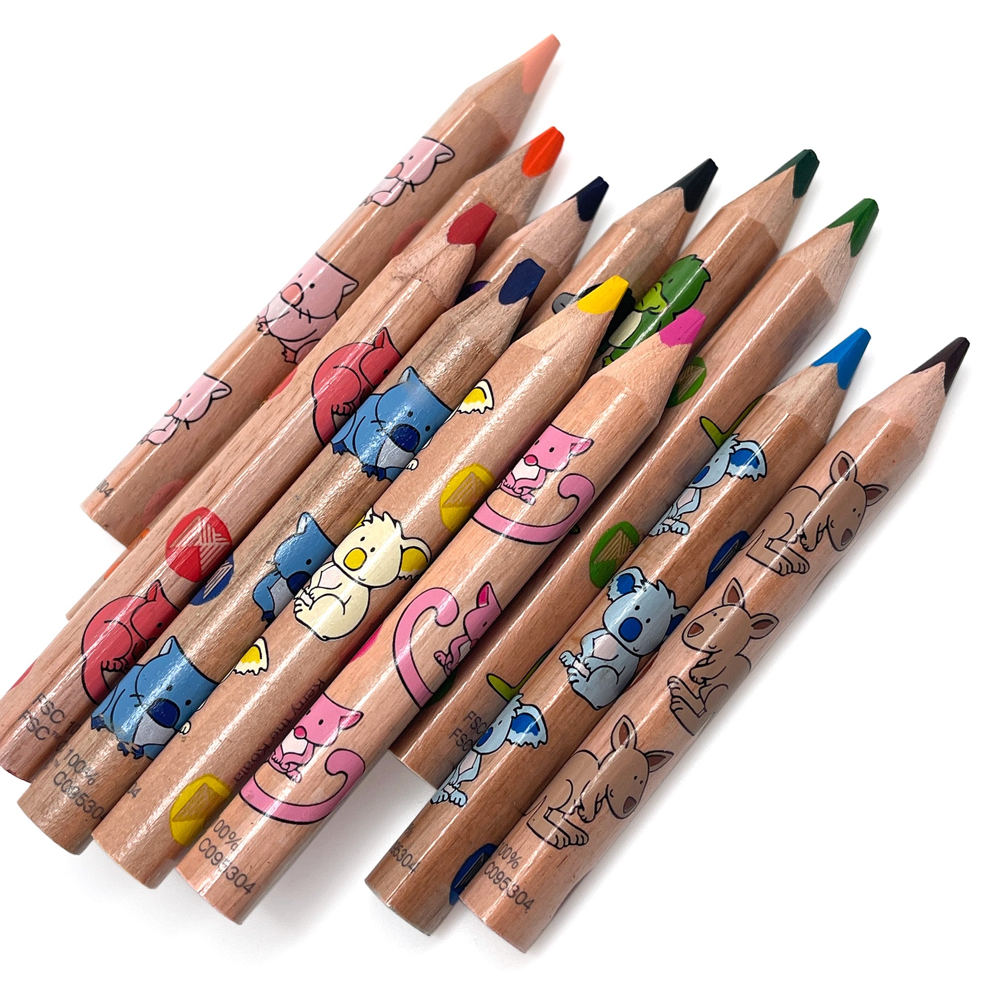 Set of short, chubby colored pencils with cartoon animal designs on a white background
