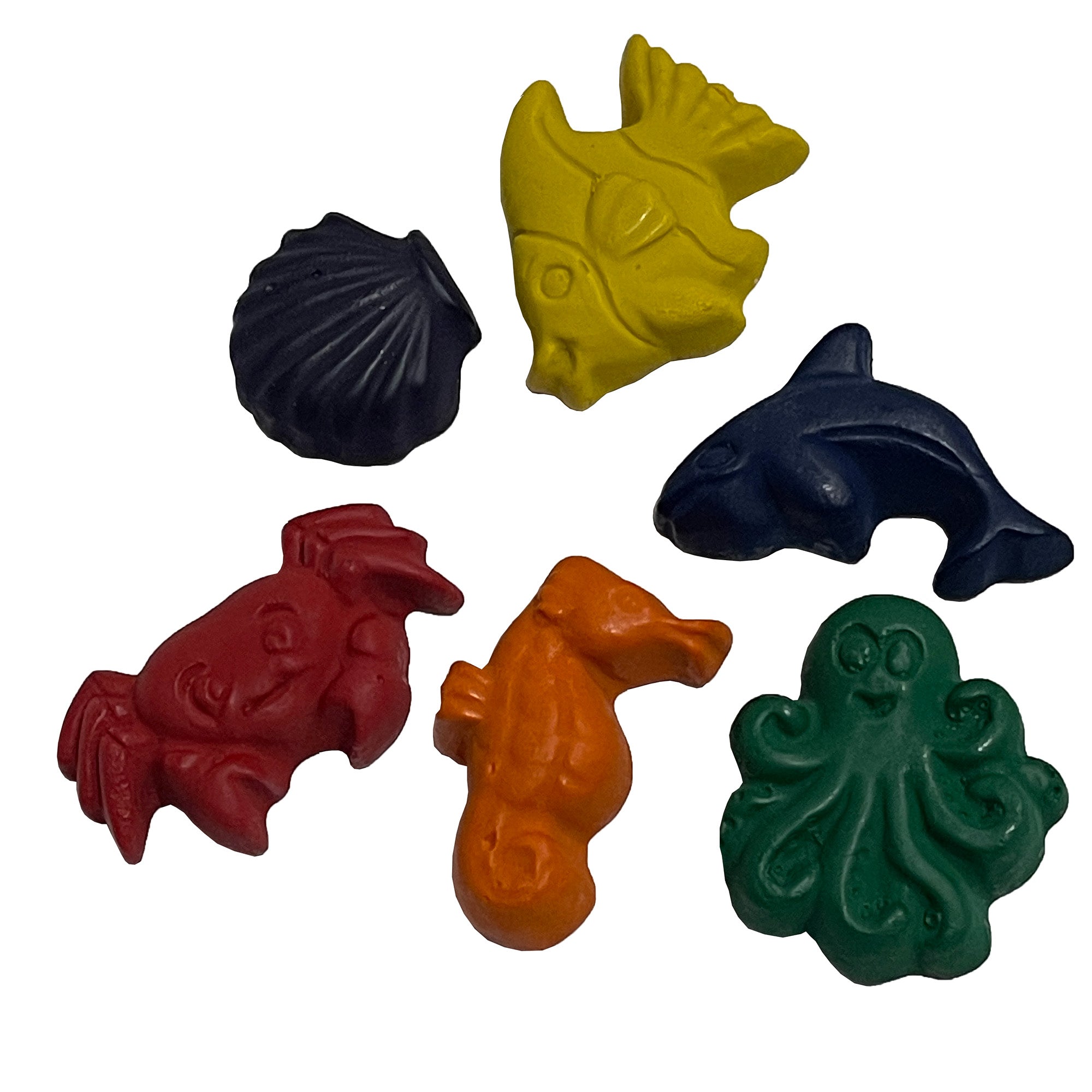 A set of multicolored crayons shaped like ocean creatures such as a fish, crab, and octopus.