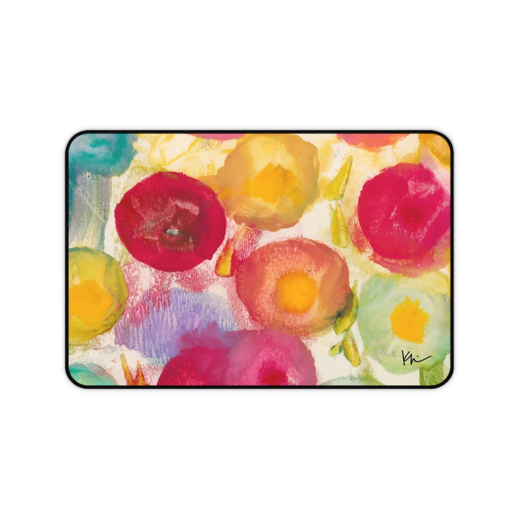A desk mat with a modern floral abstract painting in bright colors.