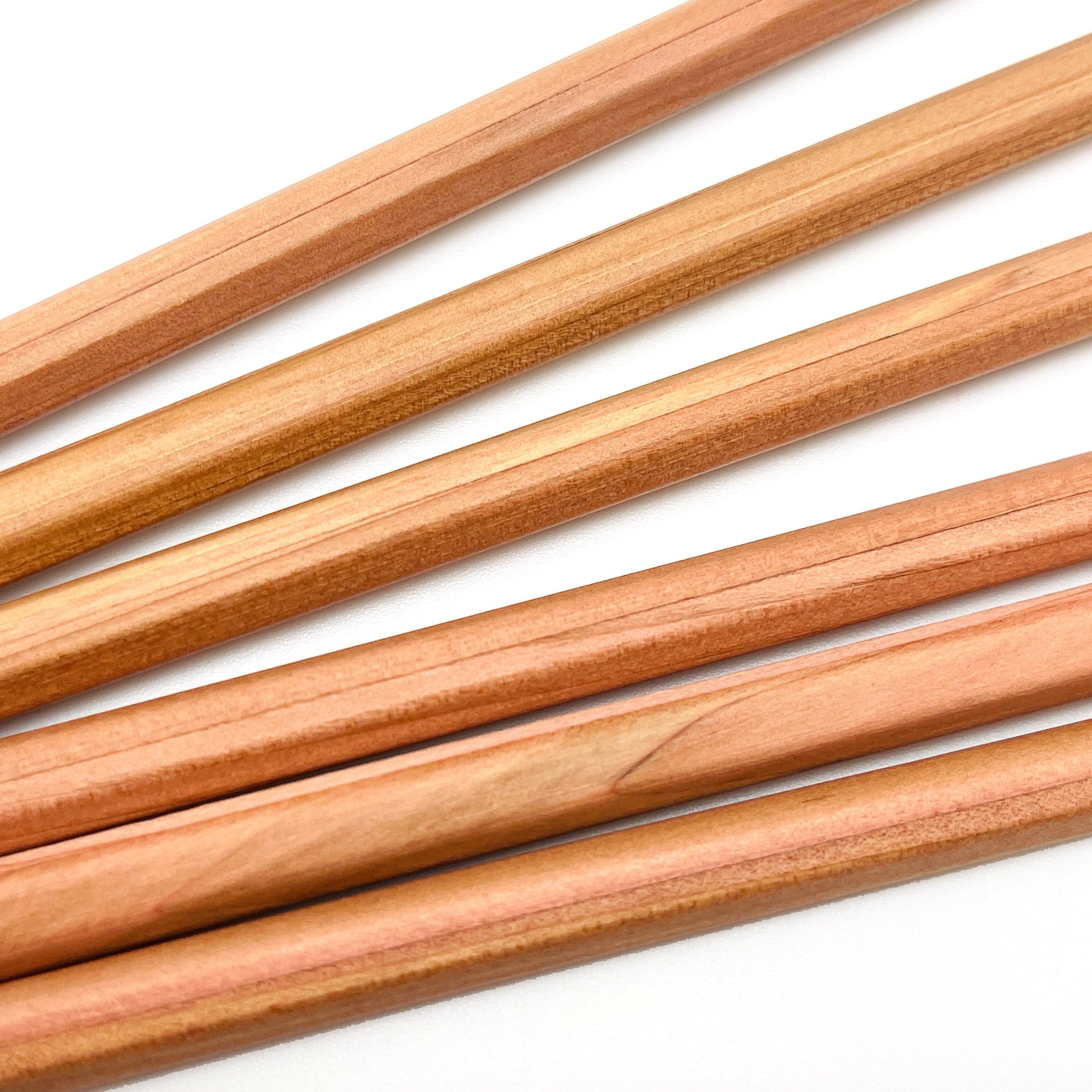 Close up detail of 6 pencils made from natural cedar wood