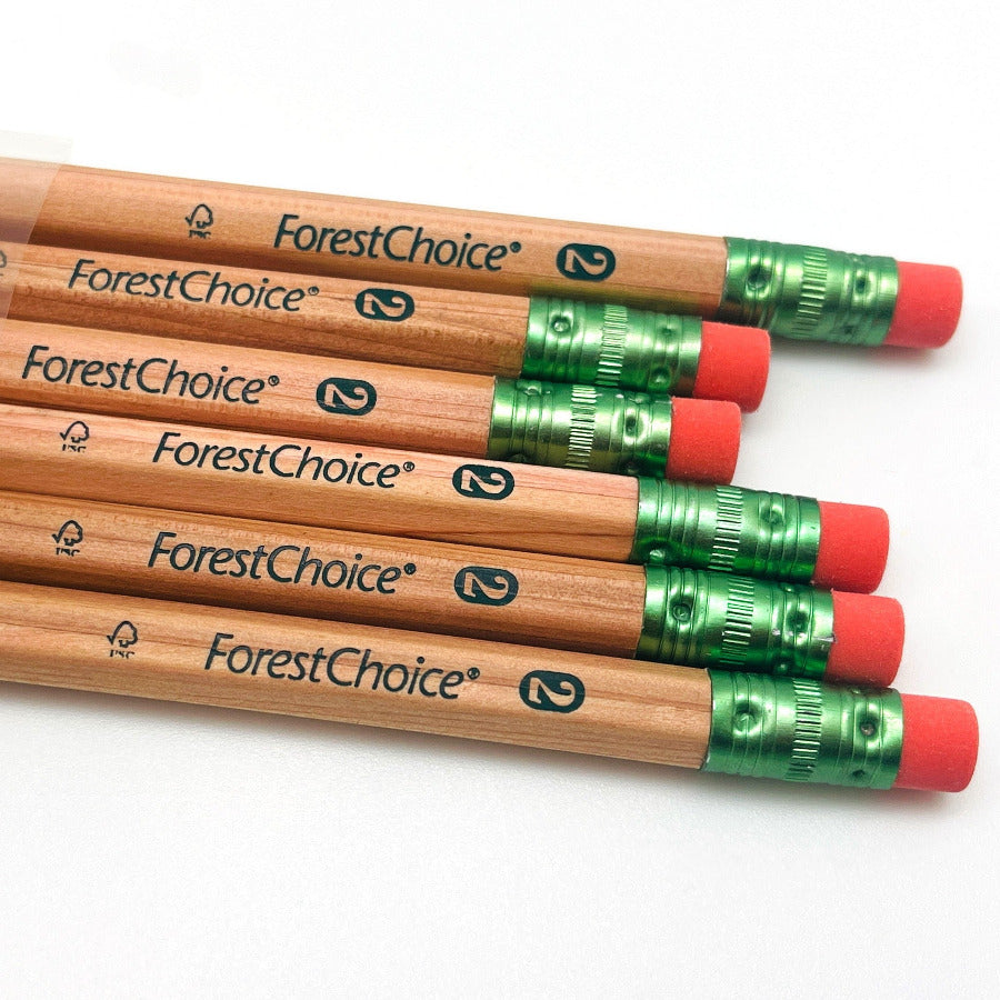 Forest Choice cedar HB #2 pencils with red erasers on a white background
