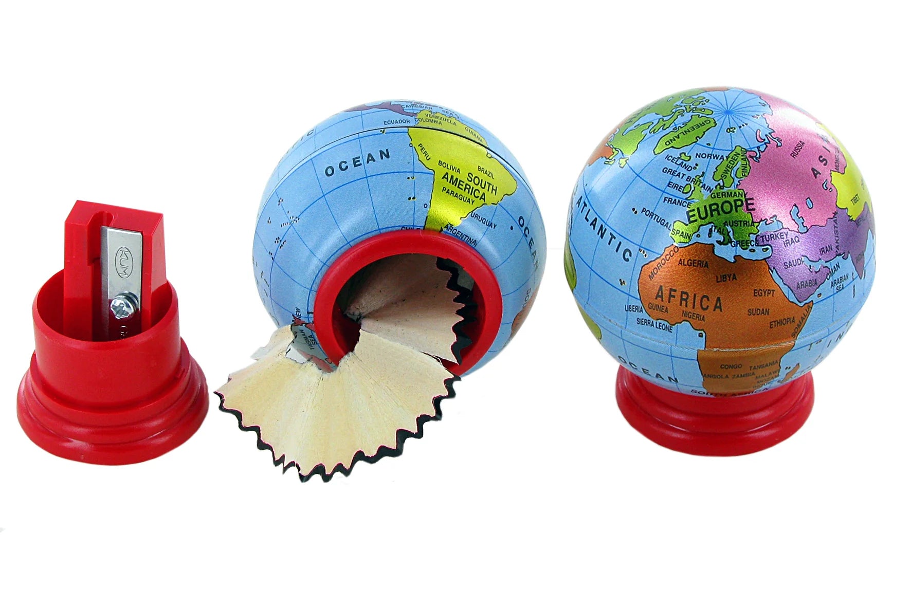 A multicolored world globe pencil sharpener made of plastic with a metal sharpener mechanism inside, displayed with a stand that doubles as a pencil sharpener.