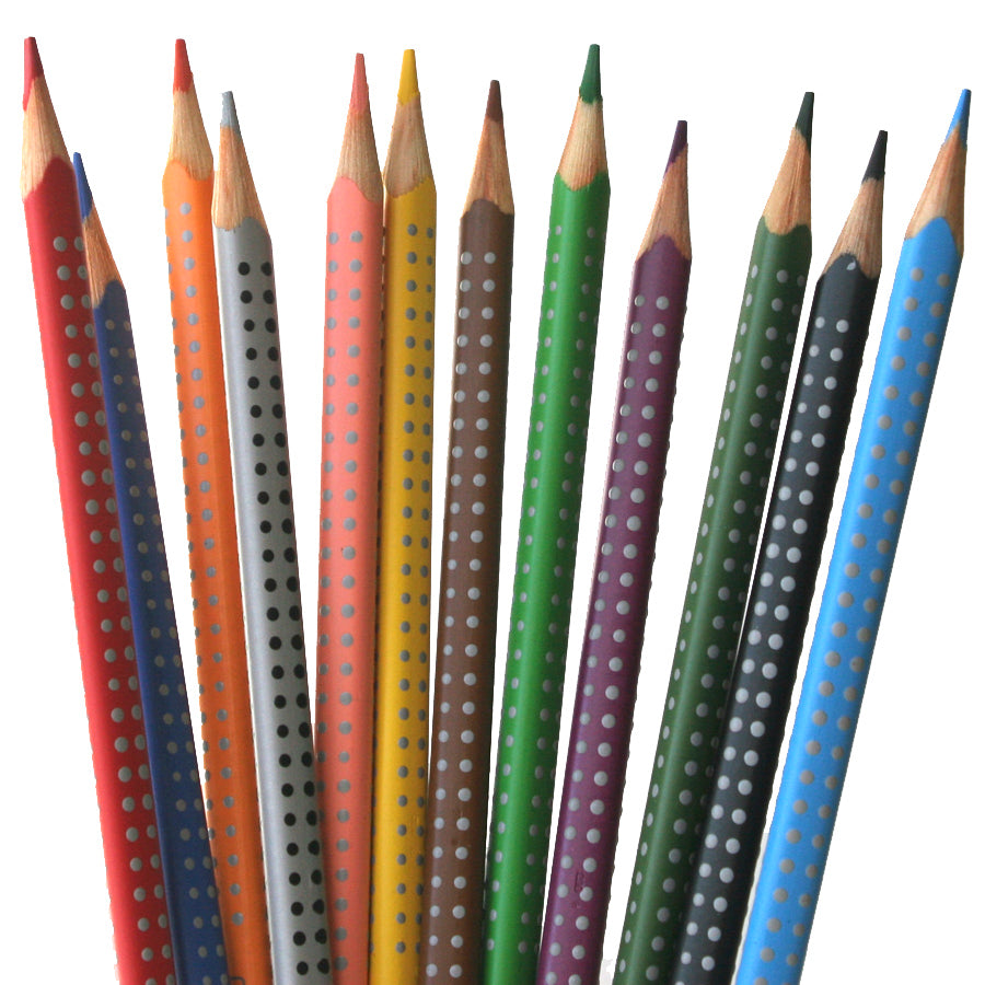 A set of grip watercolor pencils in various colors, each featuring a unique ergonomic triangular design with soft dots for grip.