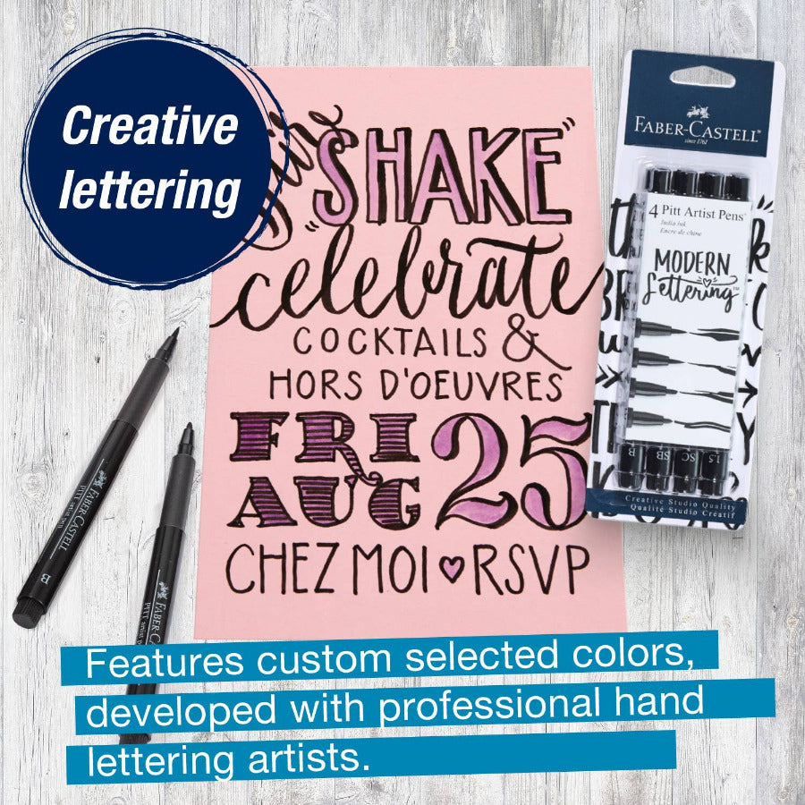 Pink paper with hand-lettered text, Faber-Castell artist pens, and promotional text on a wooden surface.