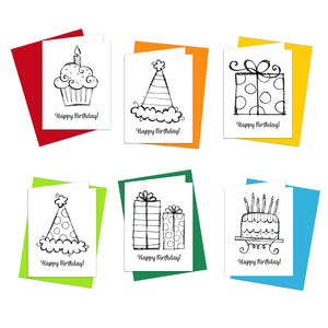 Coloring cards for all ages. Make your own Happy Birthday cards. Easy and fun to color images for dementia patients and memory care.