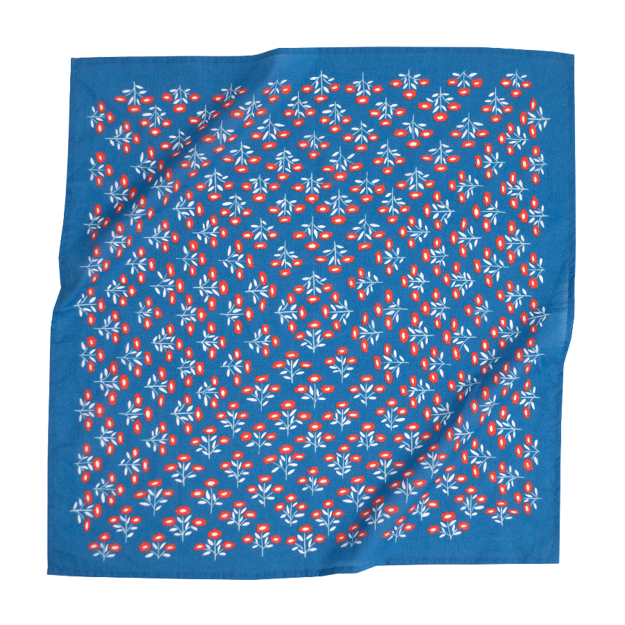 Bandana with Blue fabric with red and white floral pattern