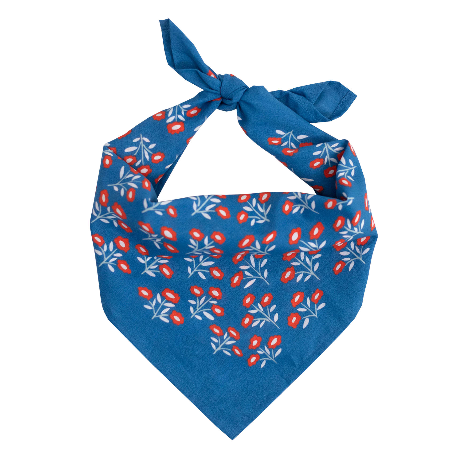 Blue bandana with red and white floral pattern on a white background