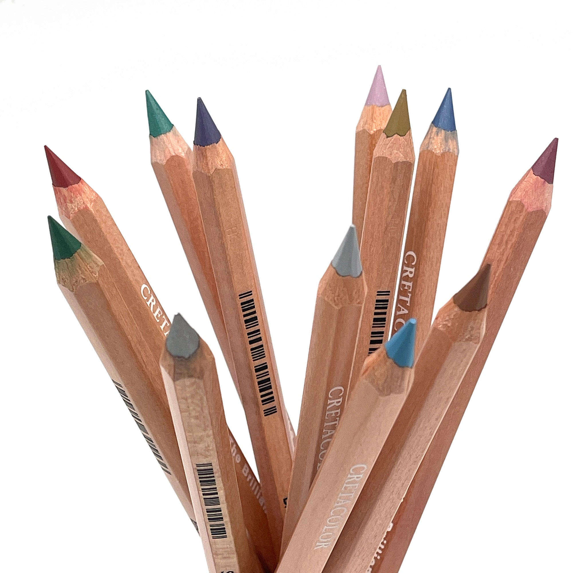 Set of Cretacolor metallic colored pencils with color-shifting tips on a white background