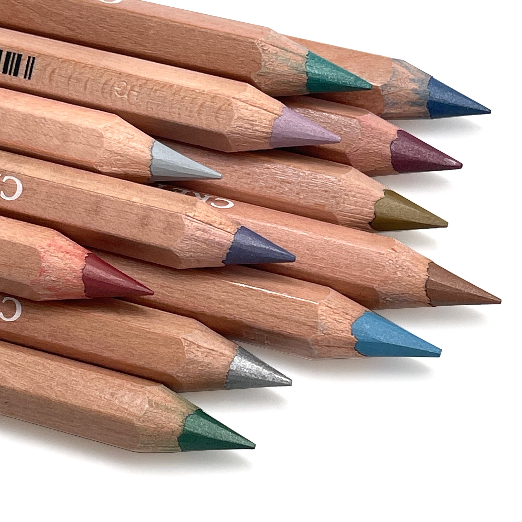 A collection of jumbo metallic colored pencils with a hexagonal shape and slightly waxy stroke, displayed on a white background.