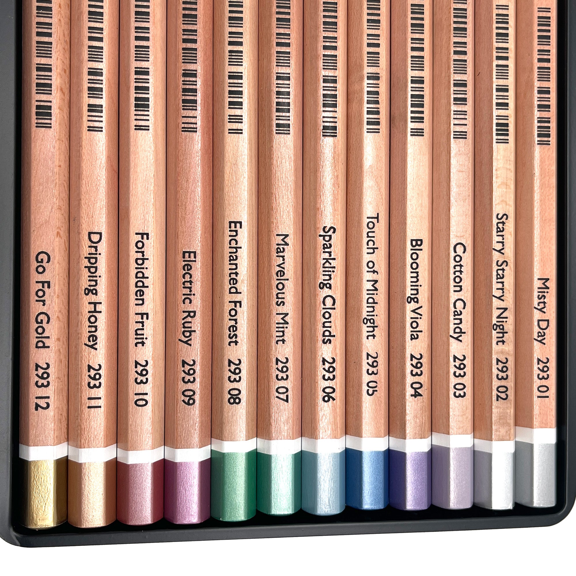 Set of colored pencils with color names and numbers on a black tray