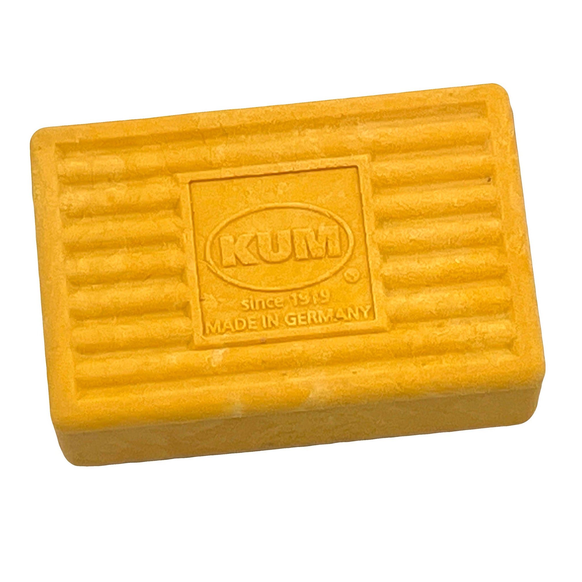 Yellow KUM eraser on a white background