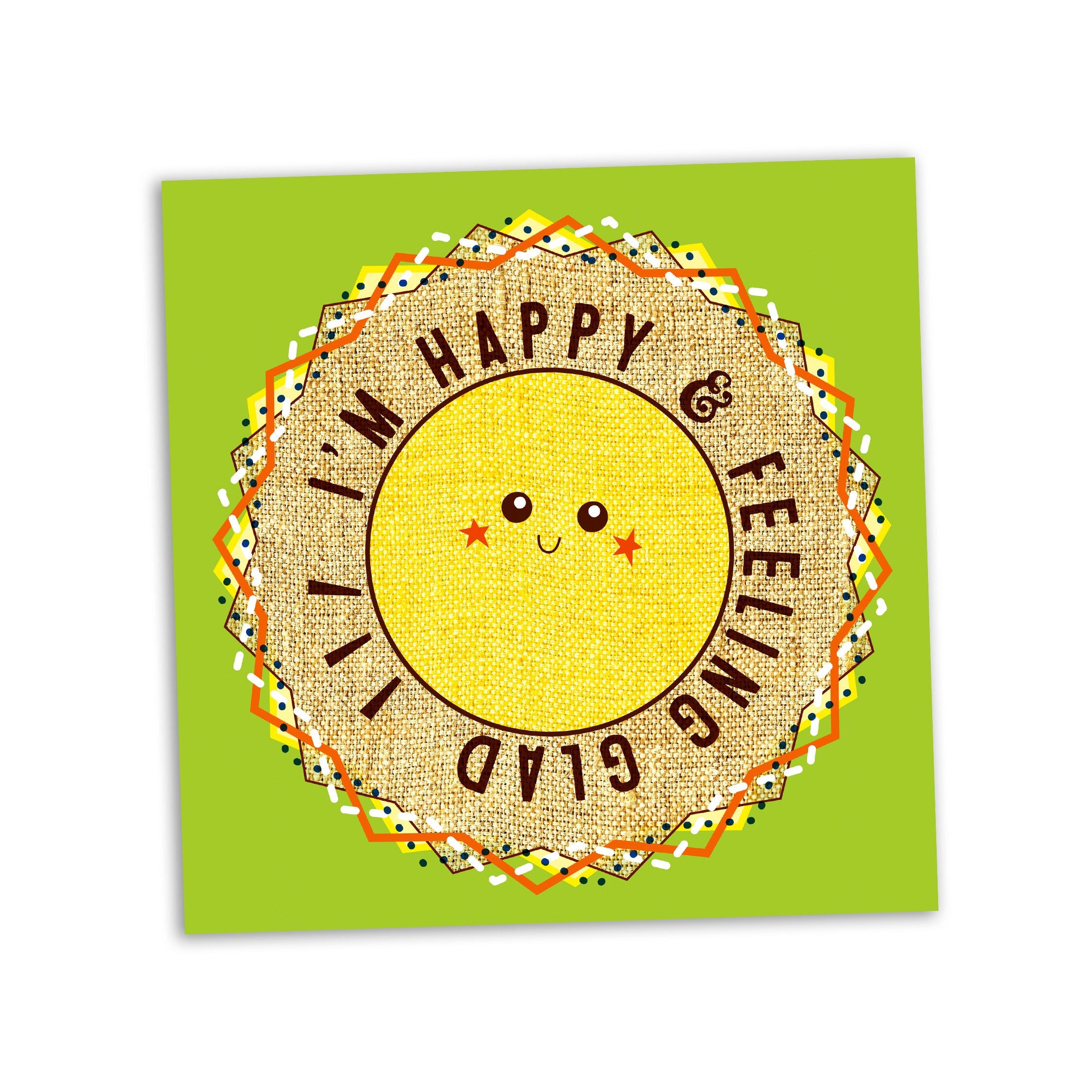 Sketchbook with a smiley face and text 'I'm happy and feeling glad' on a green background