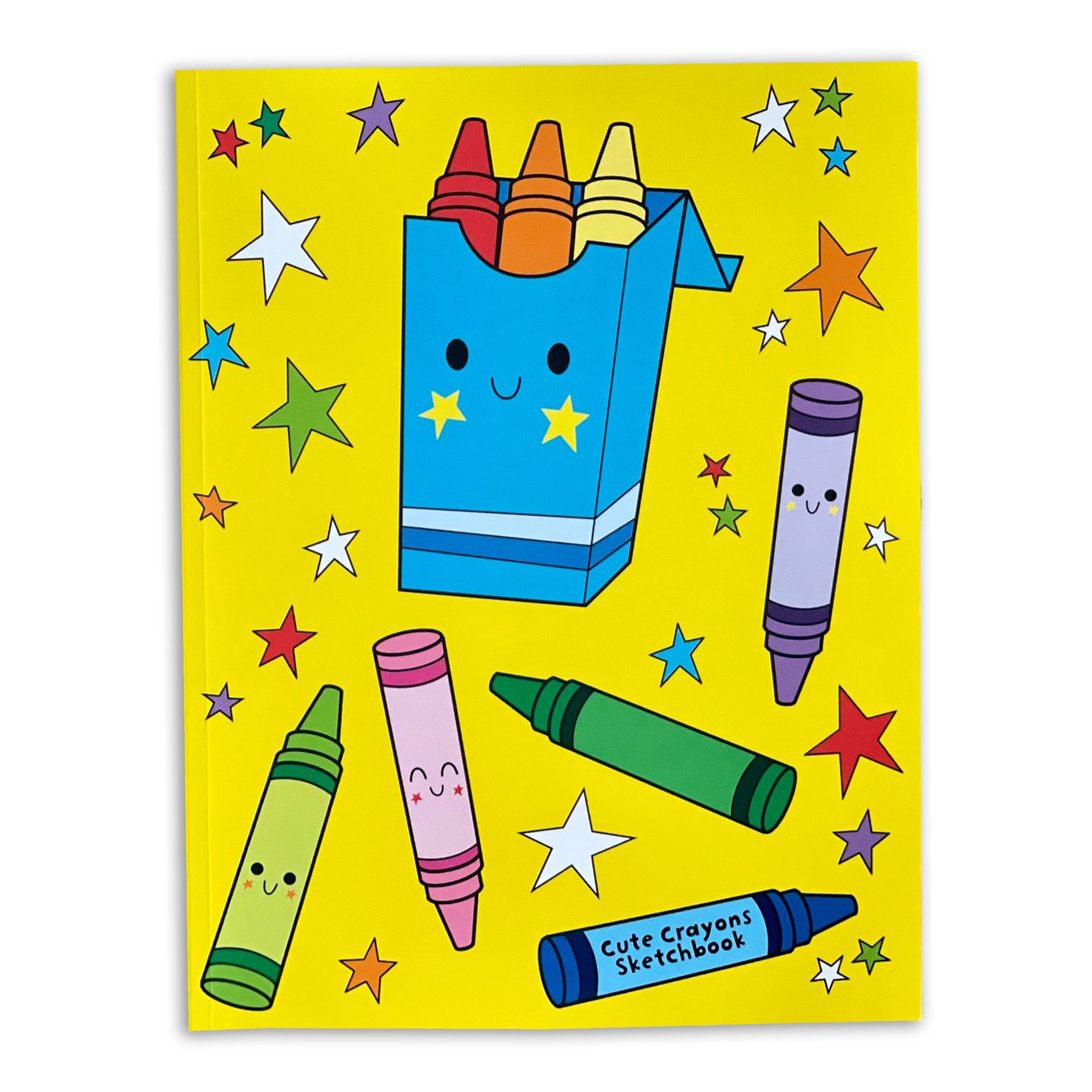 Crayon-themed notebook with colorful crayons and a happy face on a yellow background