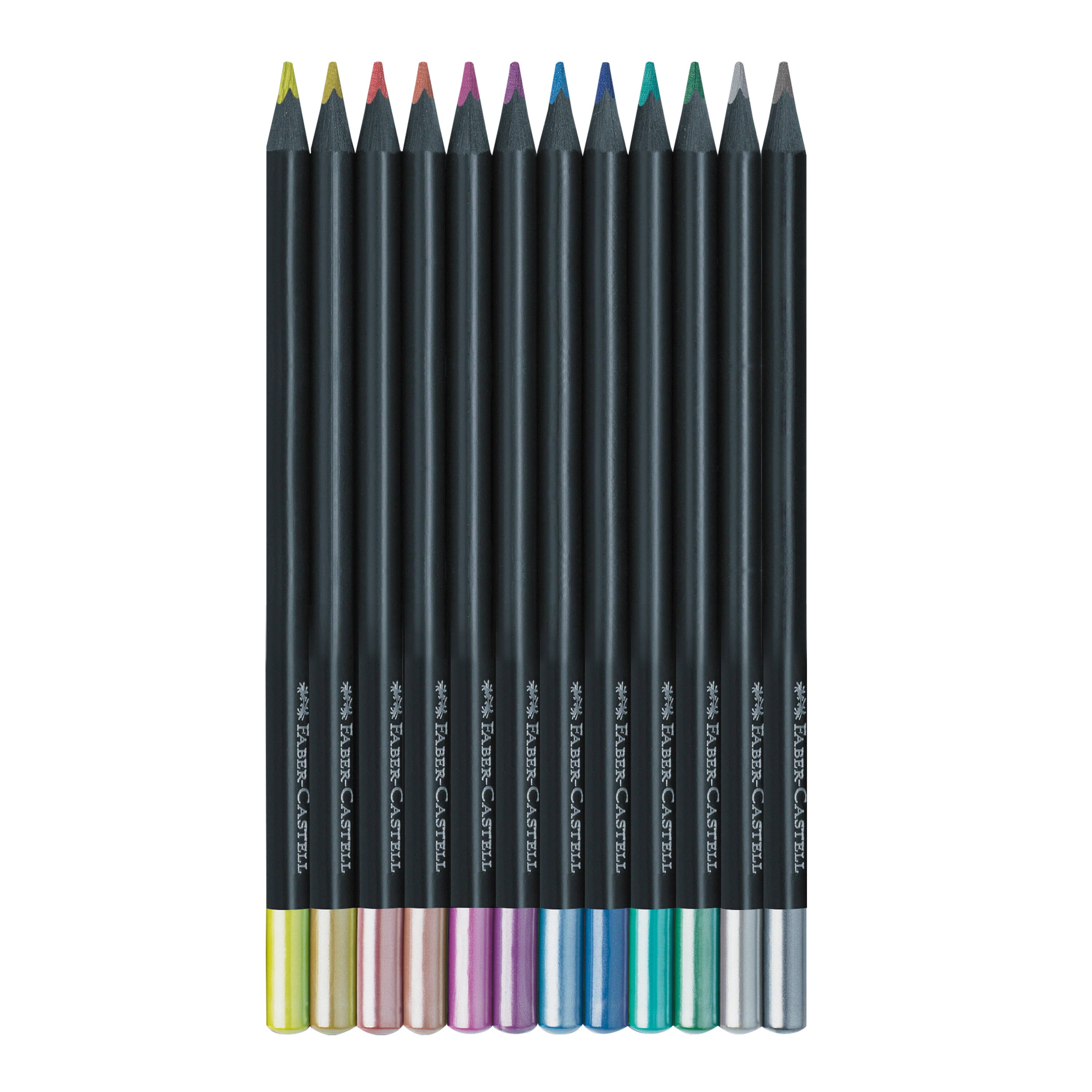A set of 12 metallic color pencils with black bodies and metallic colored tips, displayed in a fan arrangement.