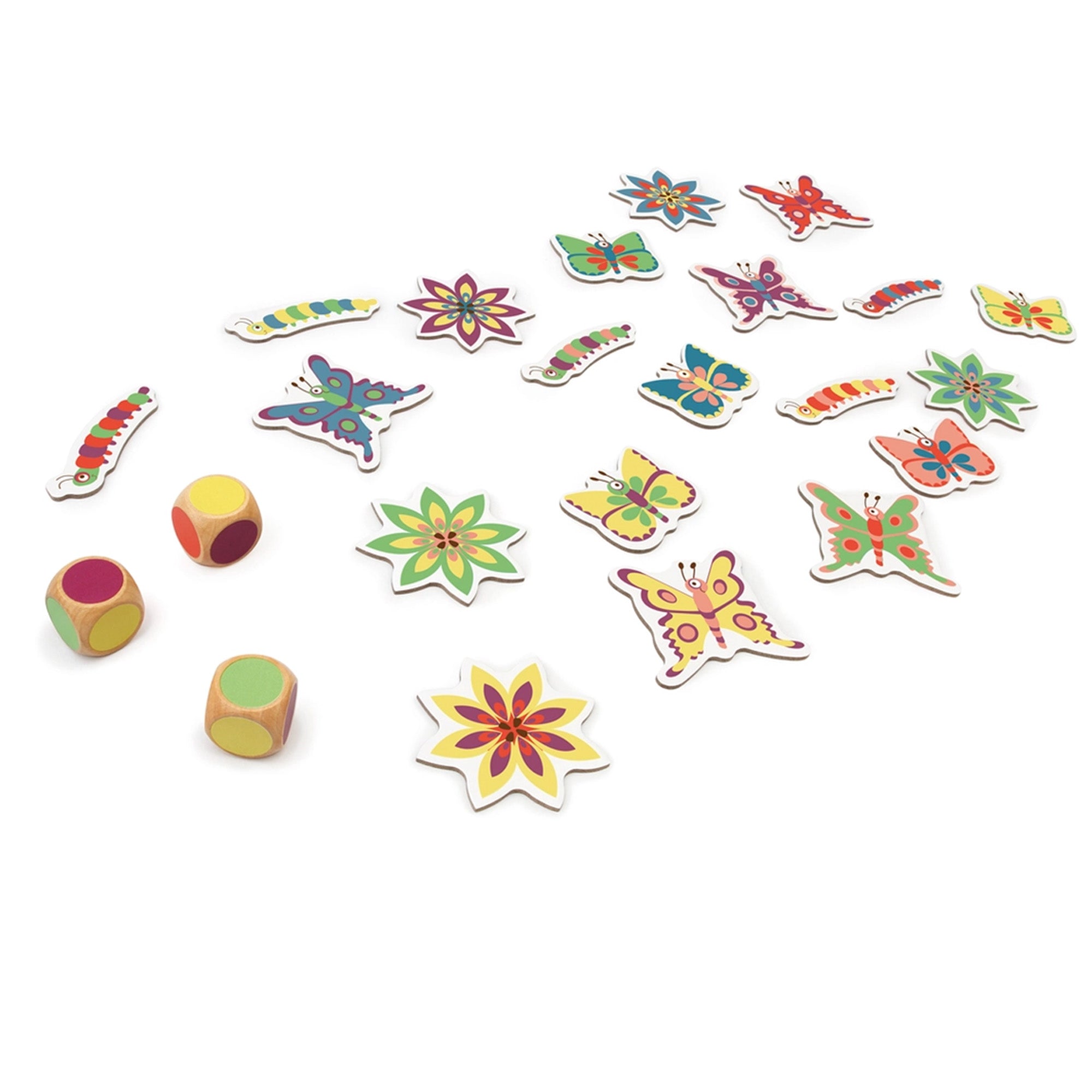 Butterfly matching came with flowers, wooden dice and caterpillars