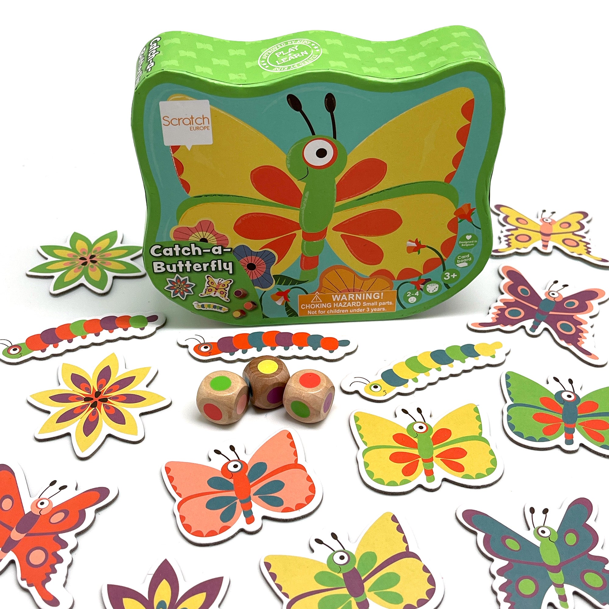 A colorful children's game set including a butterfly-shaped box, with die and various colorful butterfly, flower, and caterpillar cut-outs.