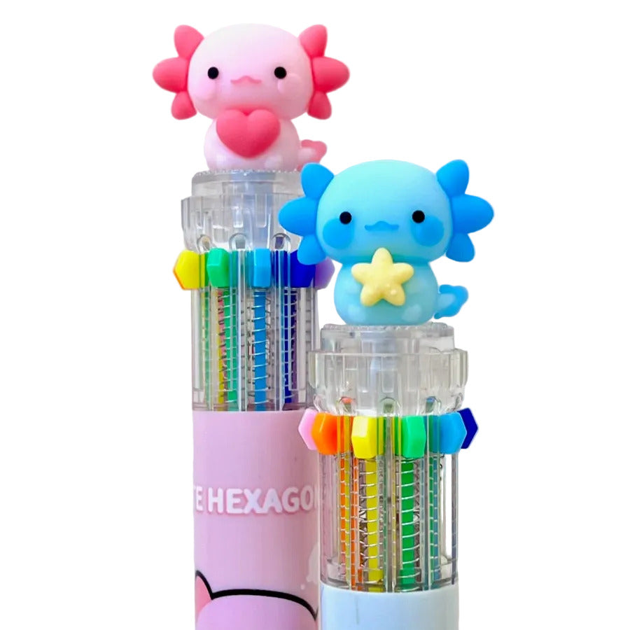 Two colorful axolotl ballpoint pens with multi-color 10- in-1 click retractable ink tips on a white background