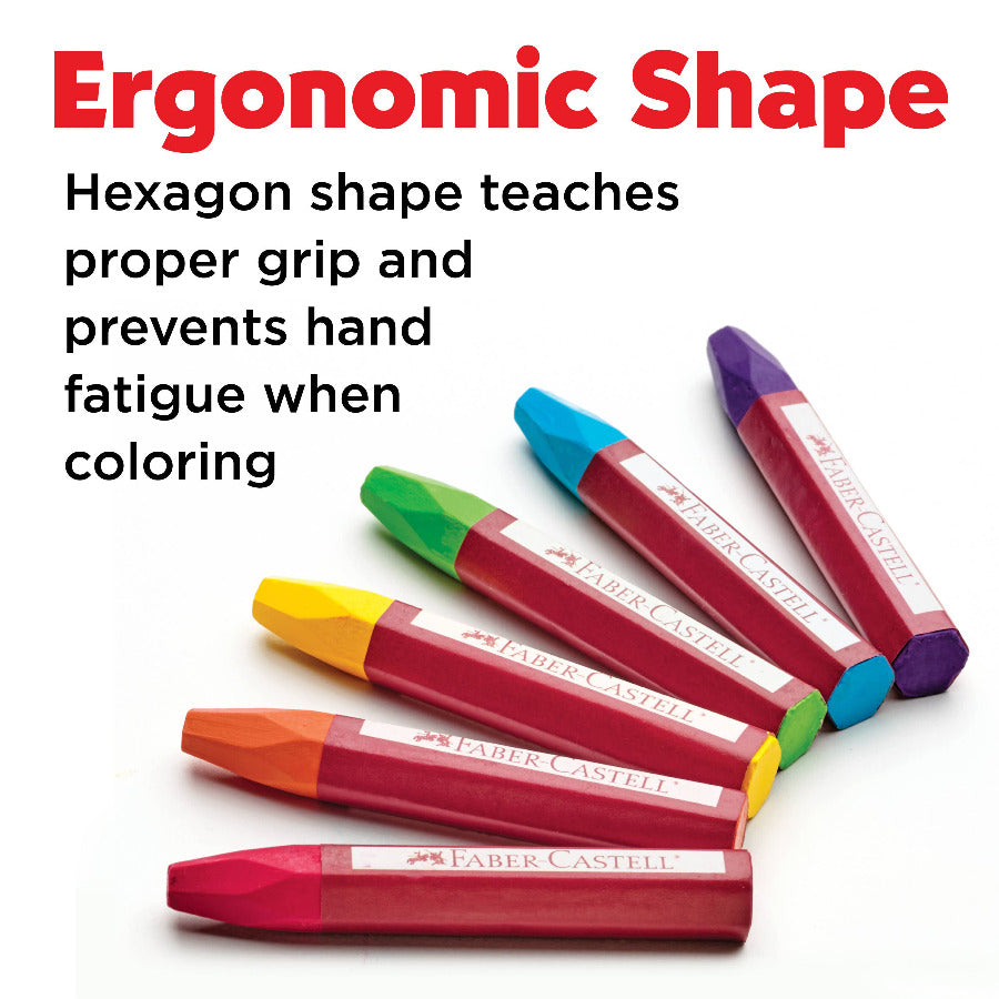 Colorful oil pastel crayons with text highlighting ergonomic design on a white background
