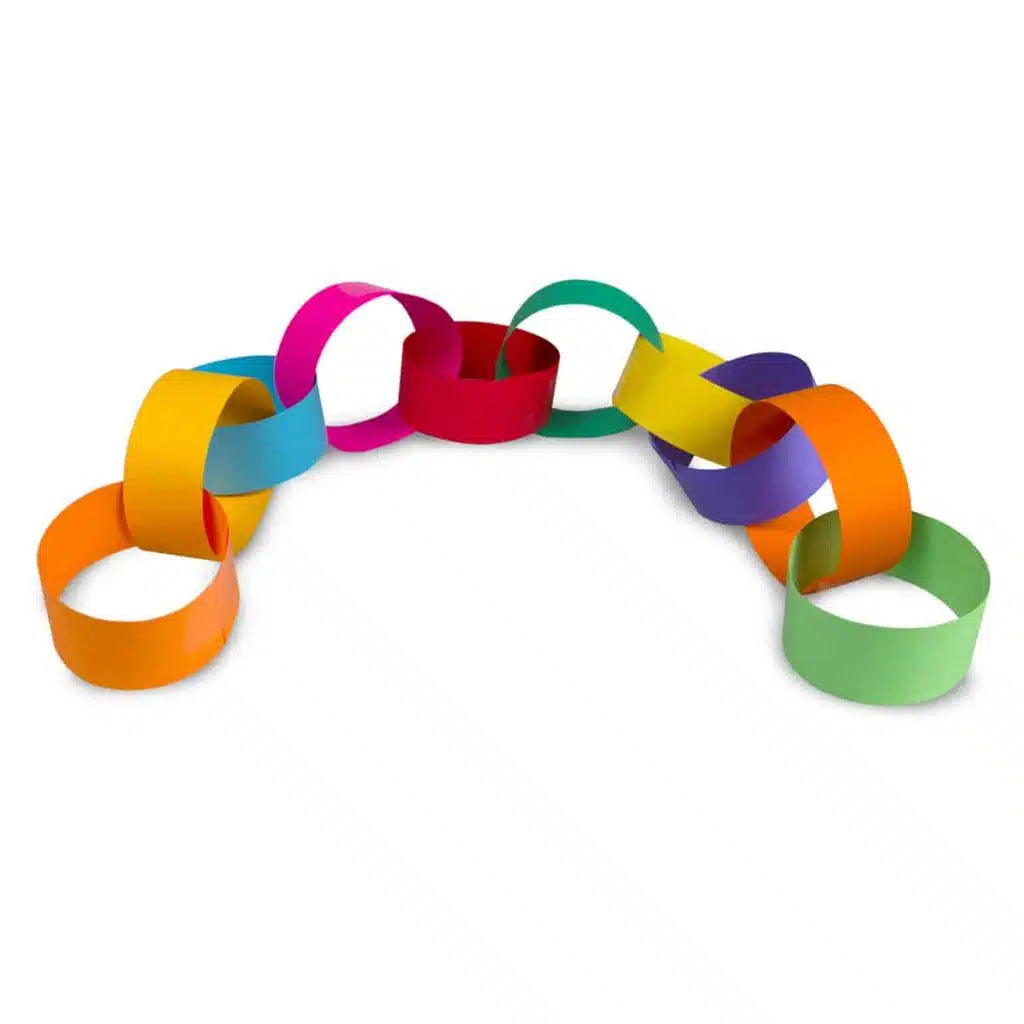 A colorful paper chain kit with pre-cut strips of paper in various vibrant colors.