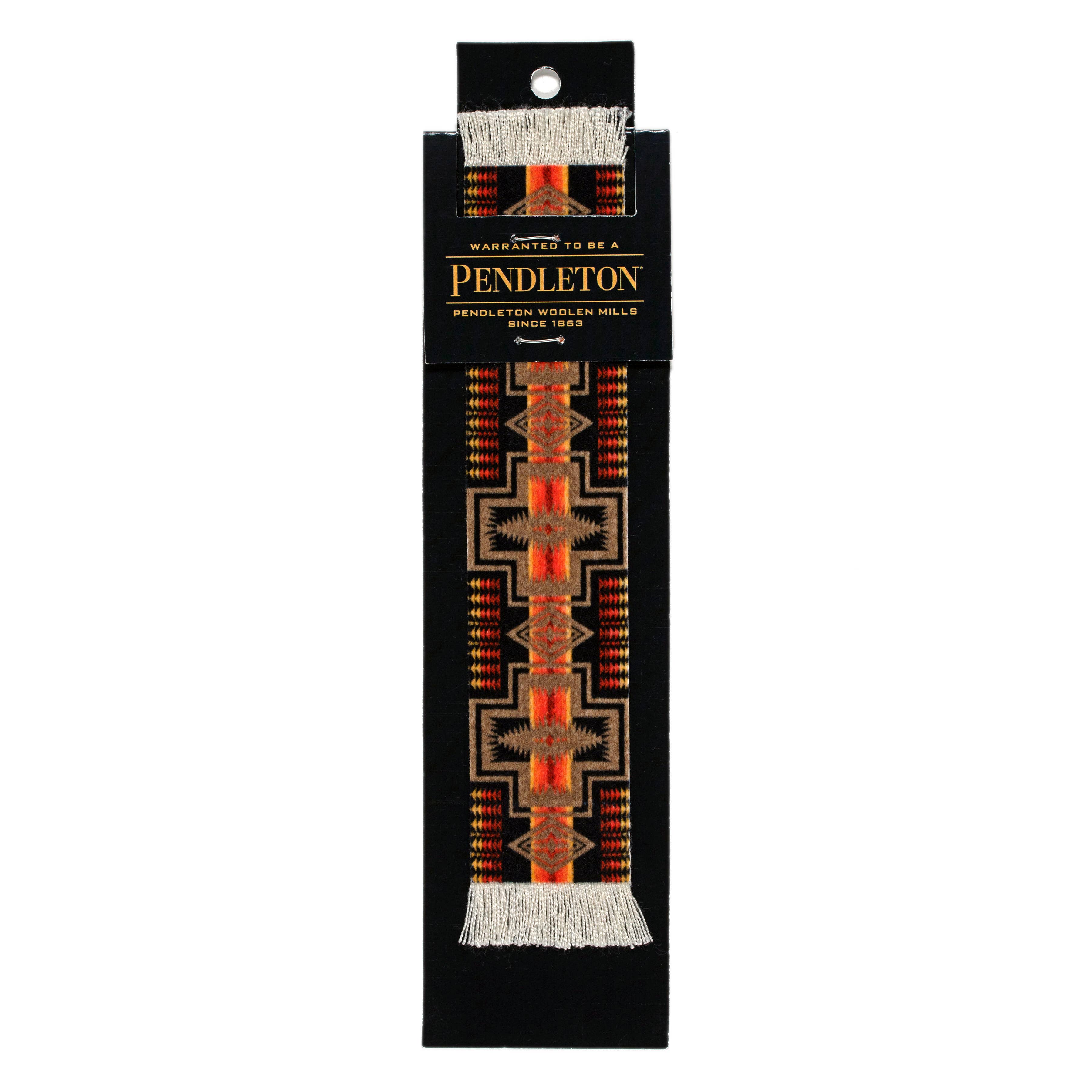 Pendleton woven bookmark packaging with black background