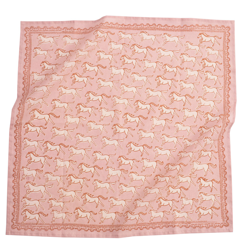 Pink scarf with horse pattern on a white background