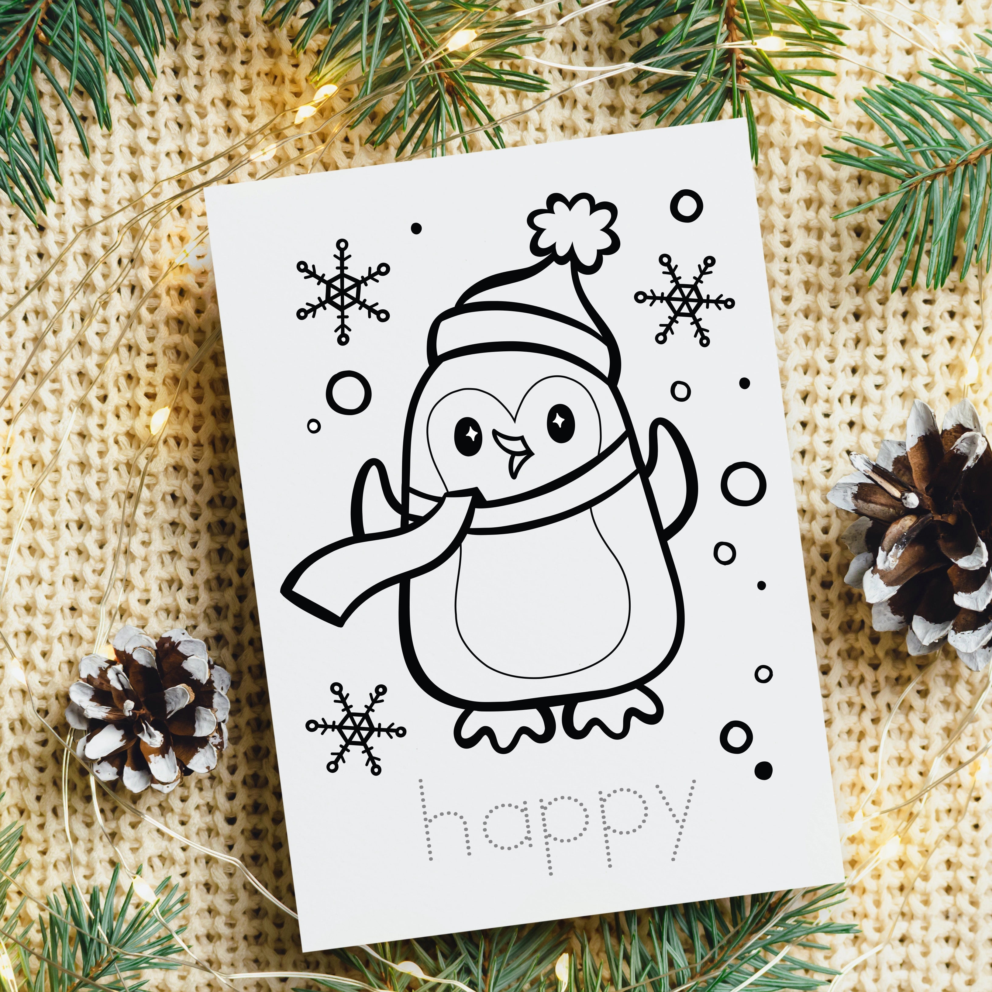 Christmas card to color with a Black and white penguin illustration with 'happy' text, surrounded by pine branches and pine cones.