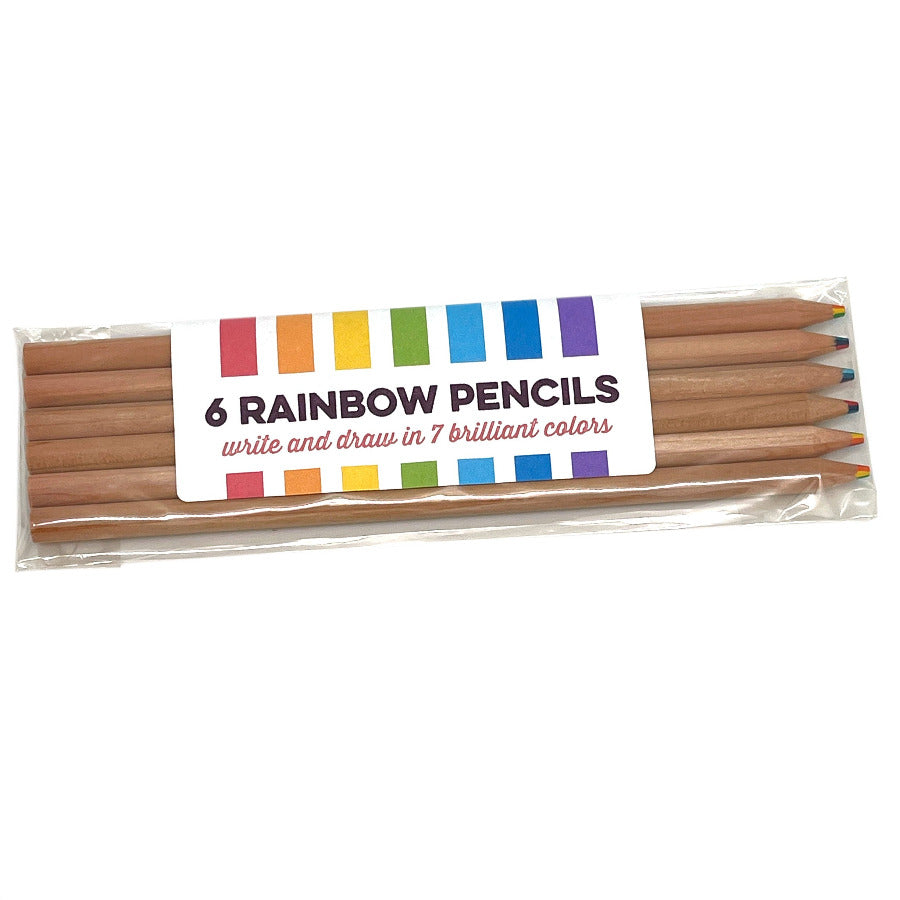 set of 6 magic swirl rainbow pencils with 7 colors in 1 core in a cello bag on a white background