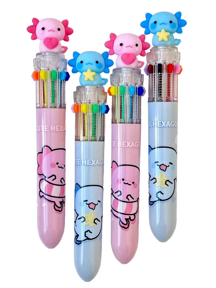 Retractable Multi Color Pens with 10 ink colors in 1 pen with colorful axolotl tops on a white background