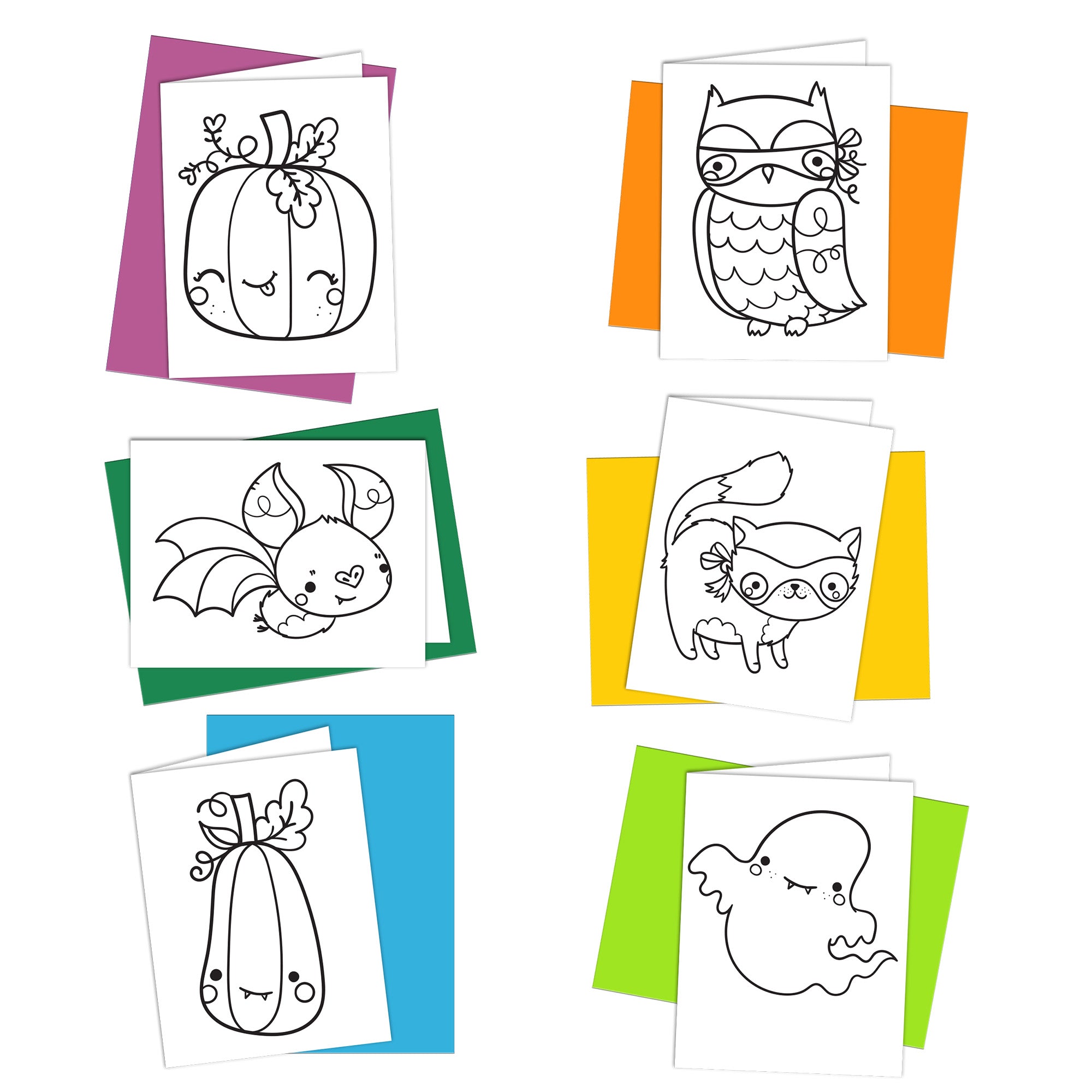 Set of 6 Halloween coloring cards with Kawaii style illustrations and multi color envelopes