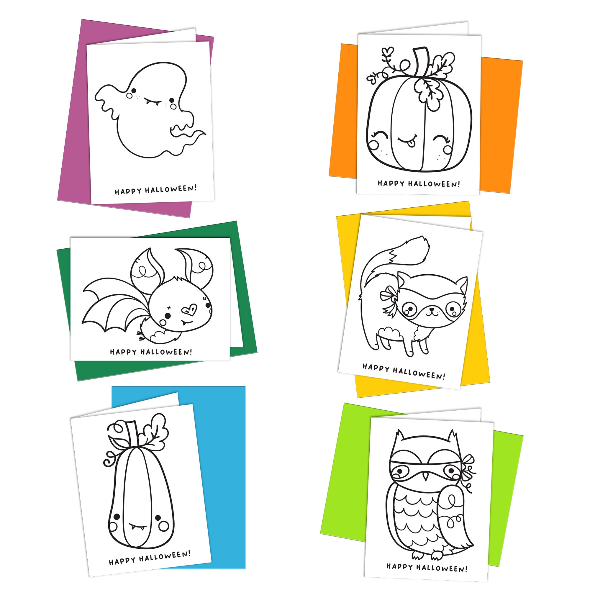 Set of Happy Halloween themed cards with cute Kawaii style animals to color in with colored envelopes