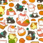 A collection of cute, orange-colored cat-themed stickers presented on a white background.