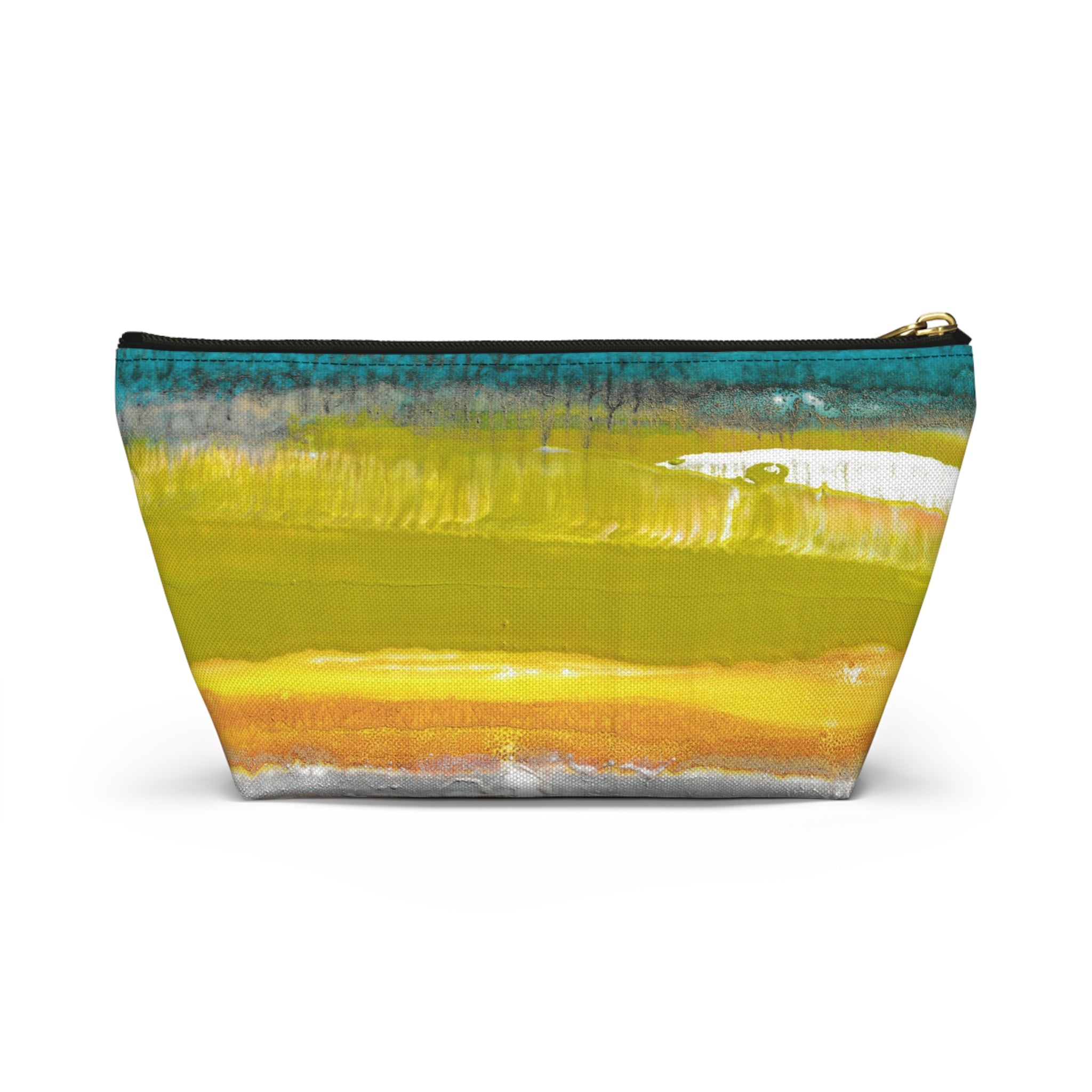 Art on the Go zipper pouch back side with abstract design with multiple colors, featuring a black zipper and a gold-tone hardware closure.