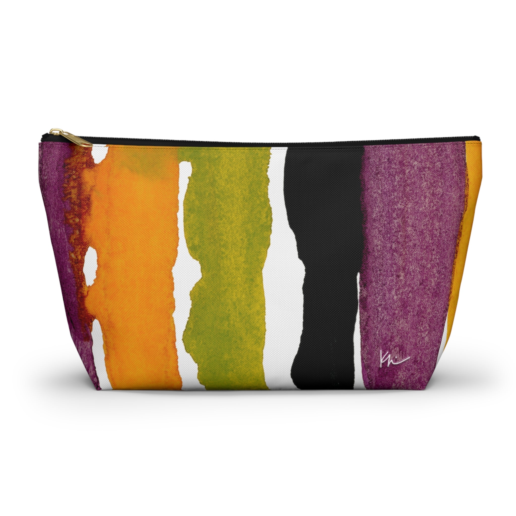 A colorful zipper pouch with a spooky stripes pattern, featuring black and orange stripes with green and purple splatters, and a black zipper.