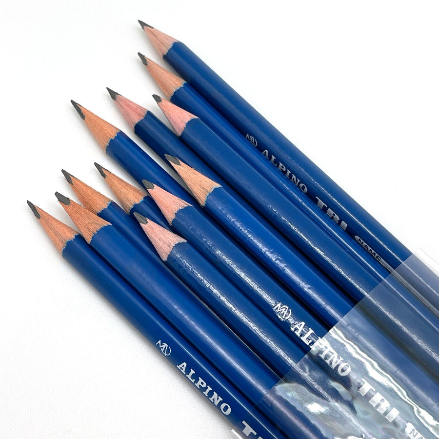 Set of 12 Triangular HB graphite pencils with blue finish in a clear cello bag on a white background.