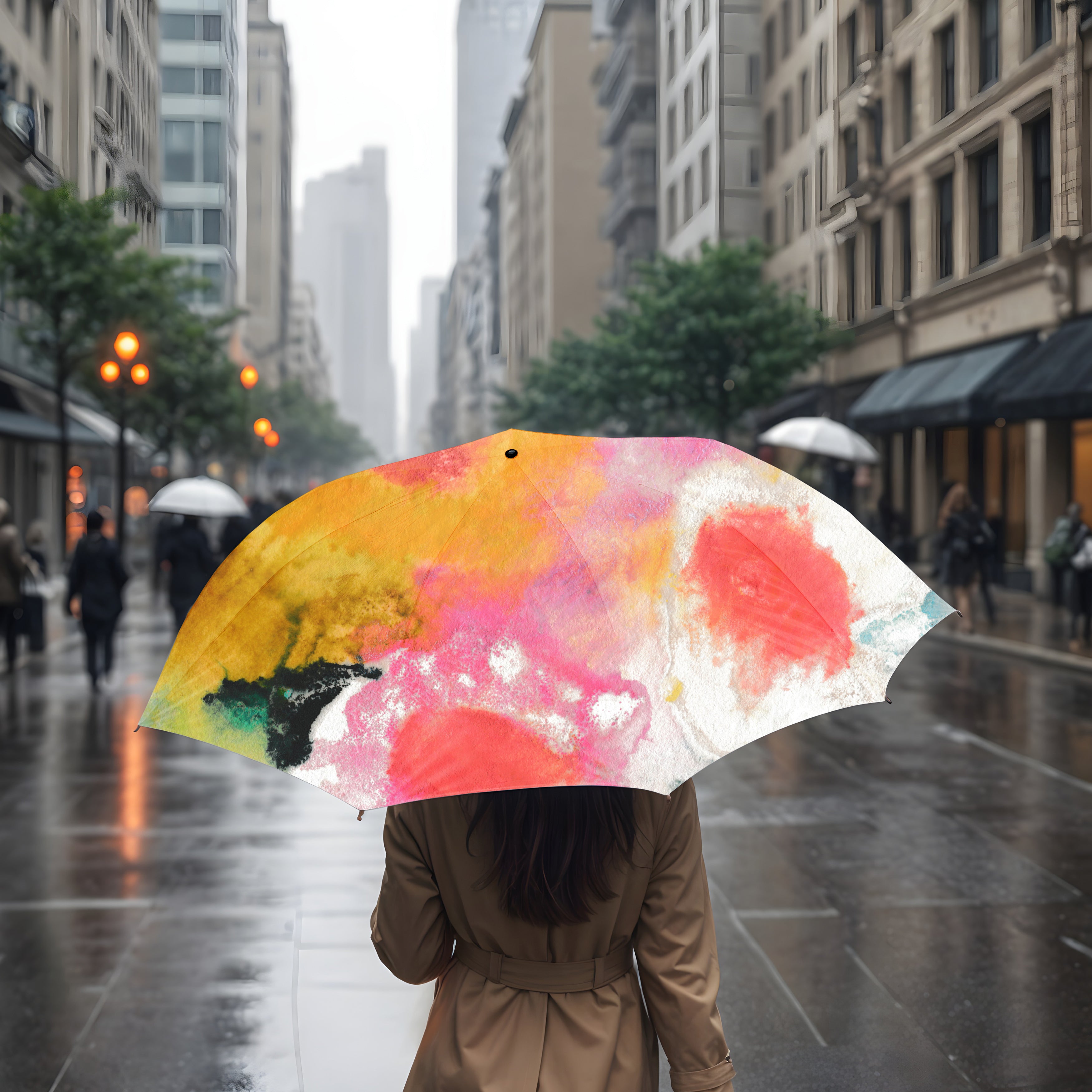 A person holding an umbrella featuring a vibrant, abstract floral painting design, standing on a rainy city street. Art on the Go!
